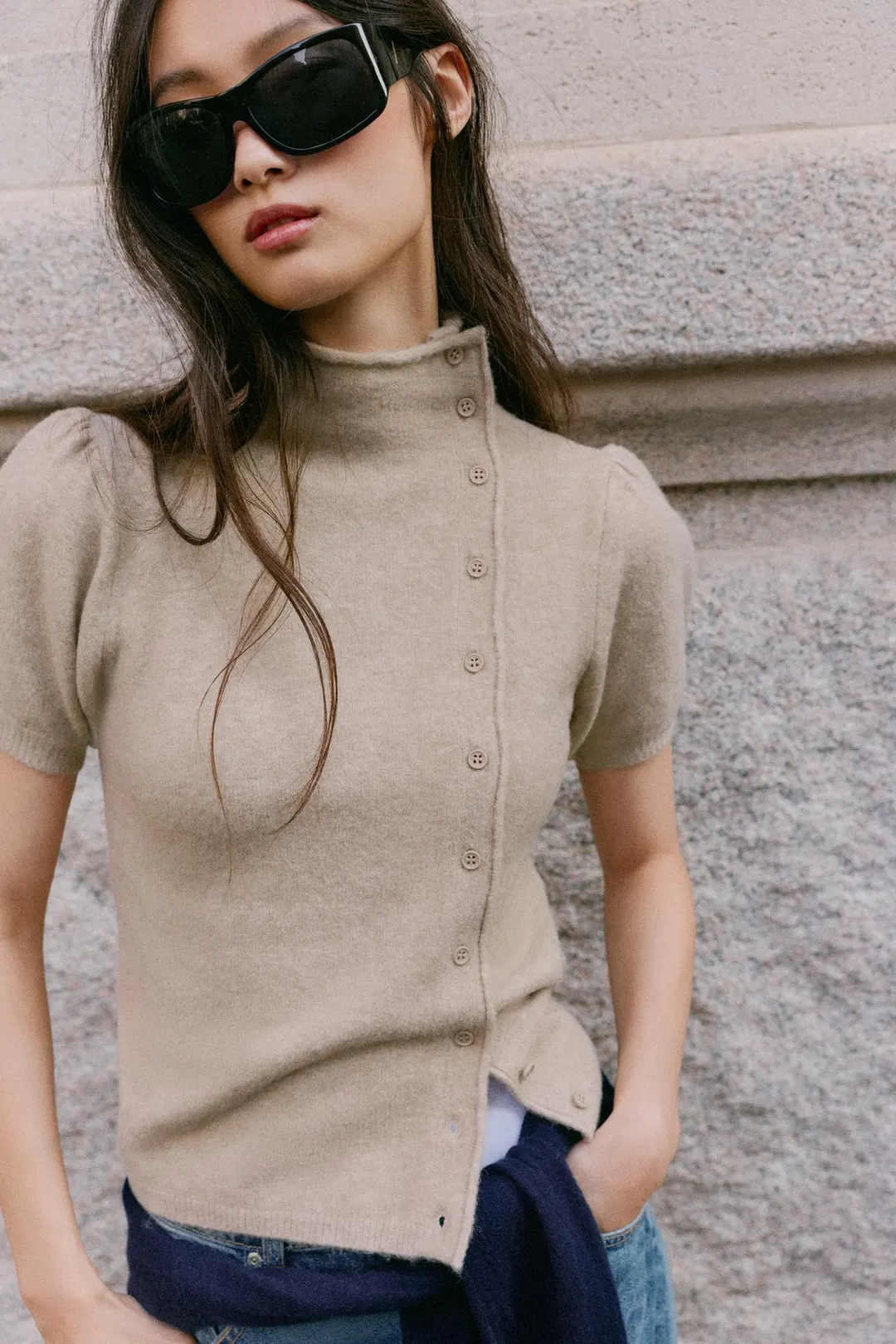 Вязаный топ с запахом и короткими рукавами, Zara
