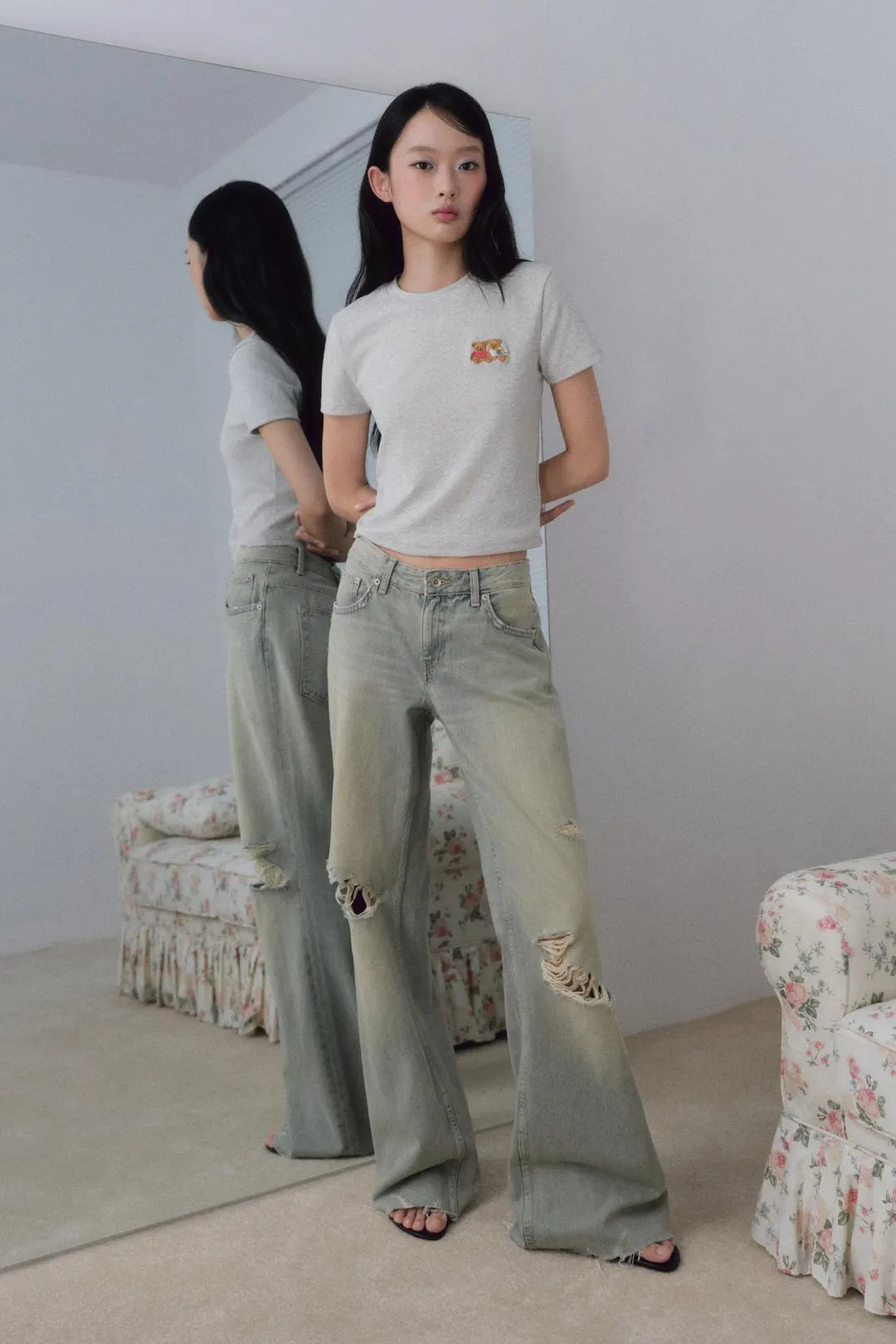 Футболка укороченная с вышивкой медведя, Zara