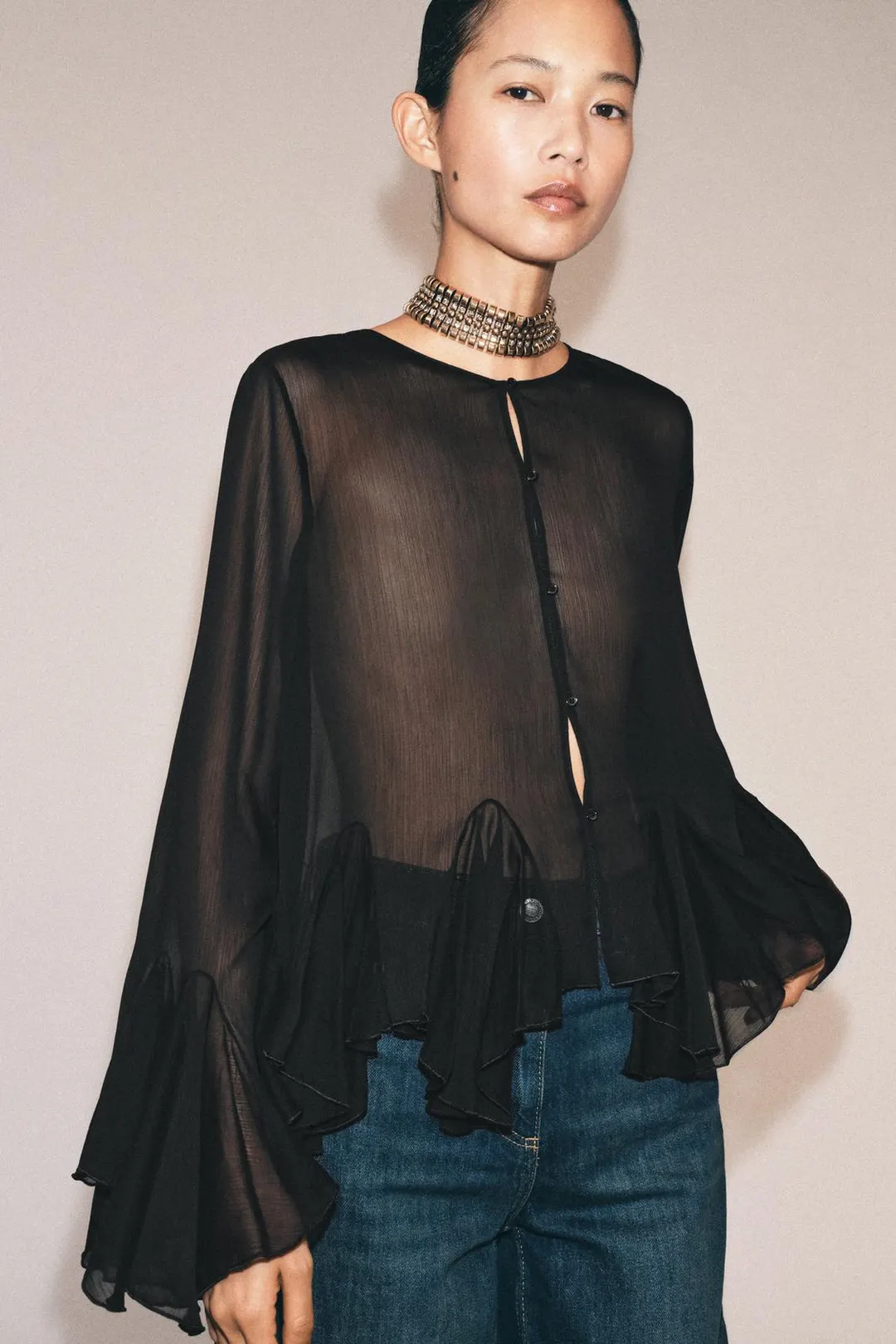 Рубашка из струящейся ткани с оборками ZW Collection, Zara