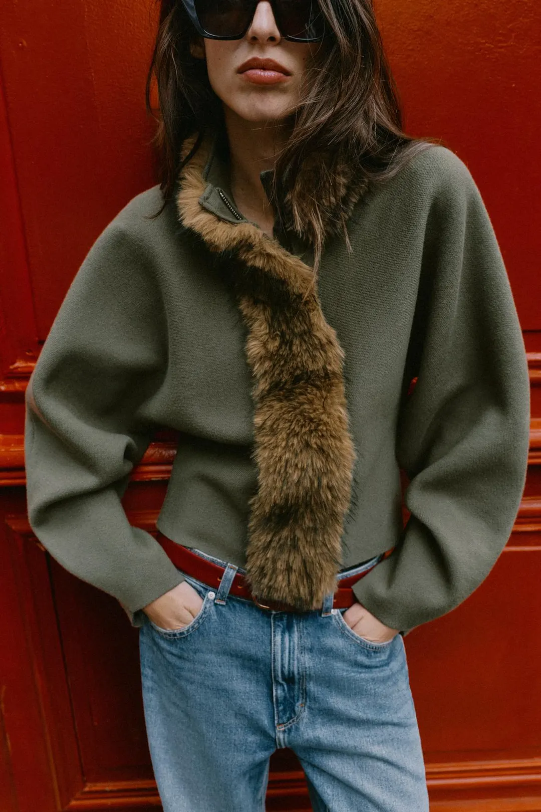Комбинированный кардиган из искусственного меха, Zara