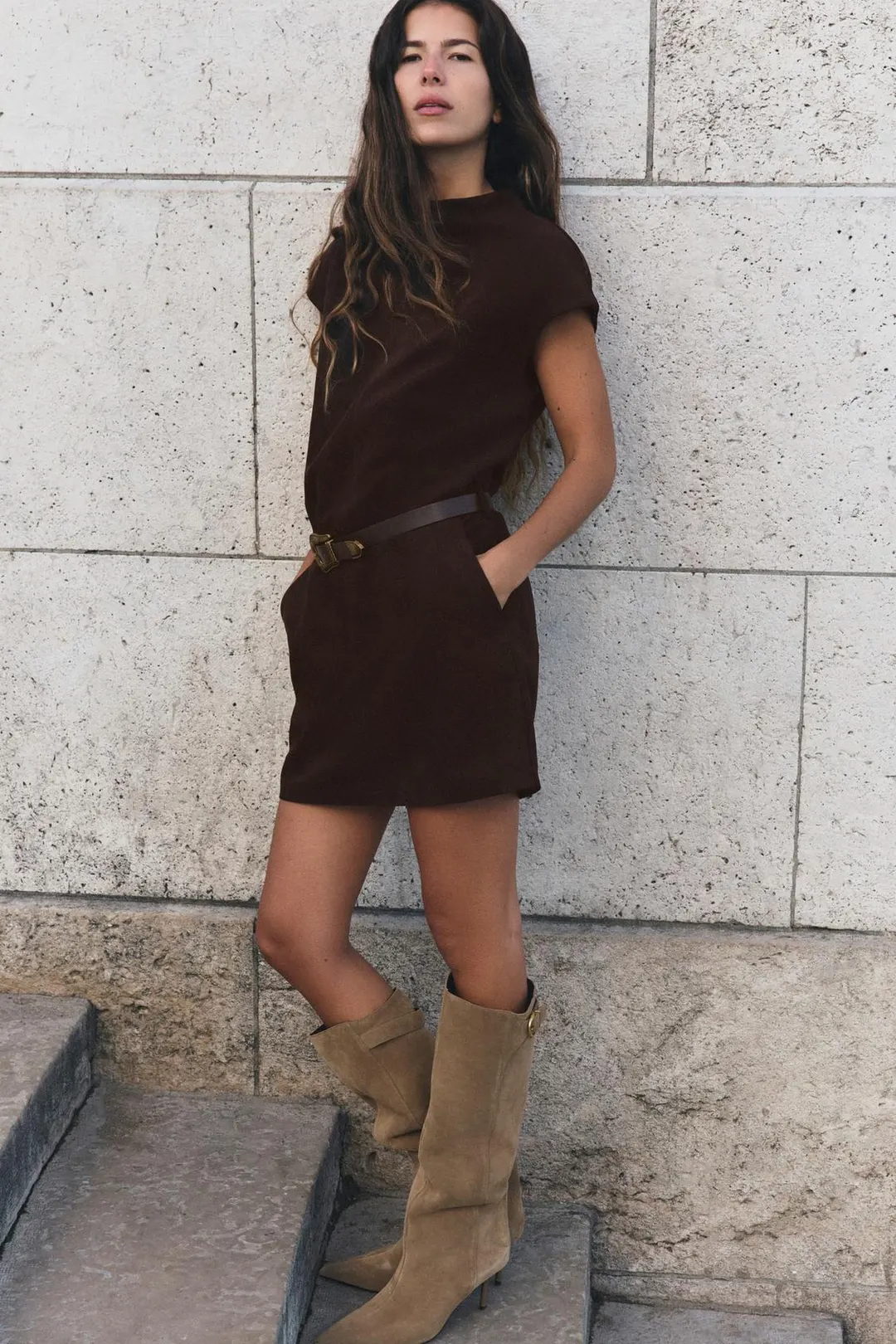 Сапоги из замшевого спилка на каблуке с пряжкой, Zara