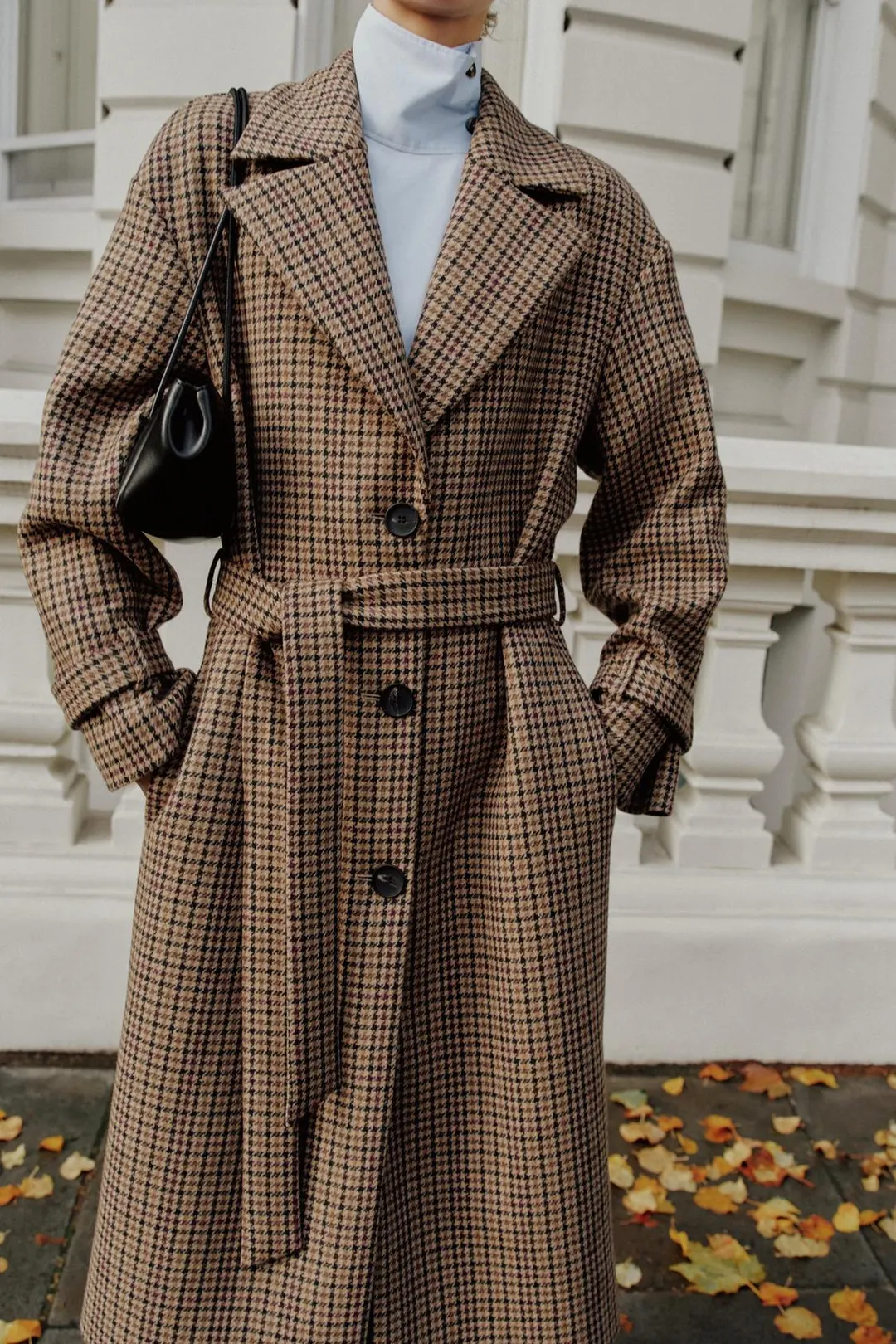 Пальто в гусиную лапку из смесовой шерсти с поясом, Zara