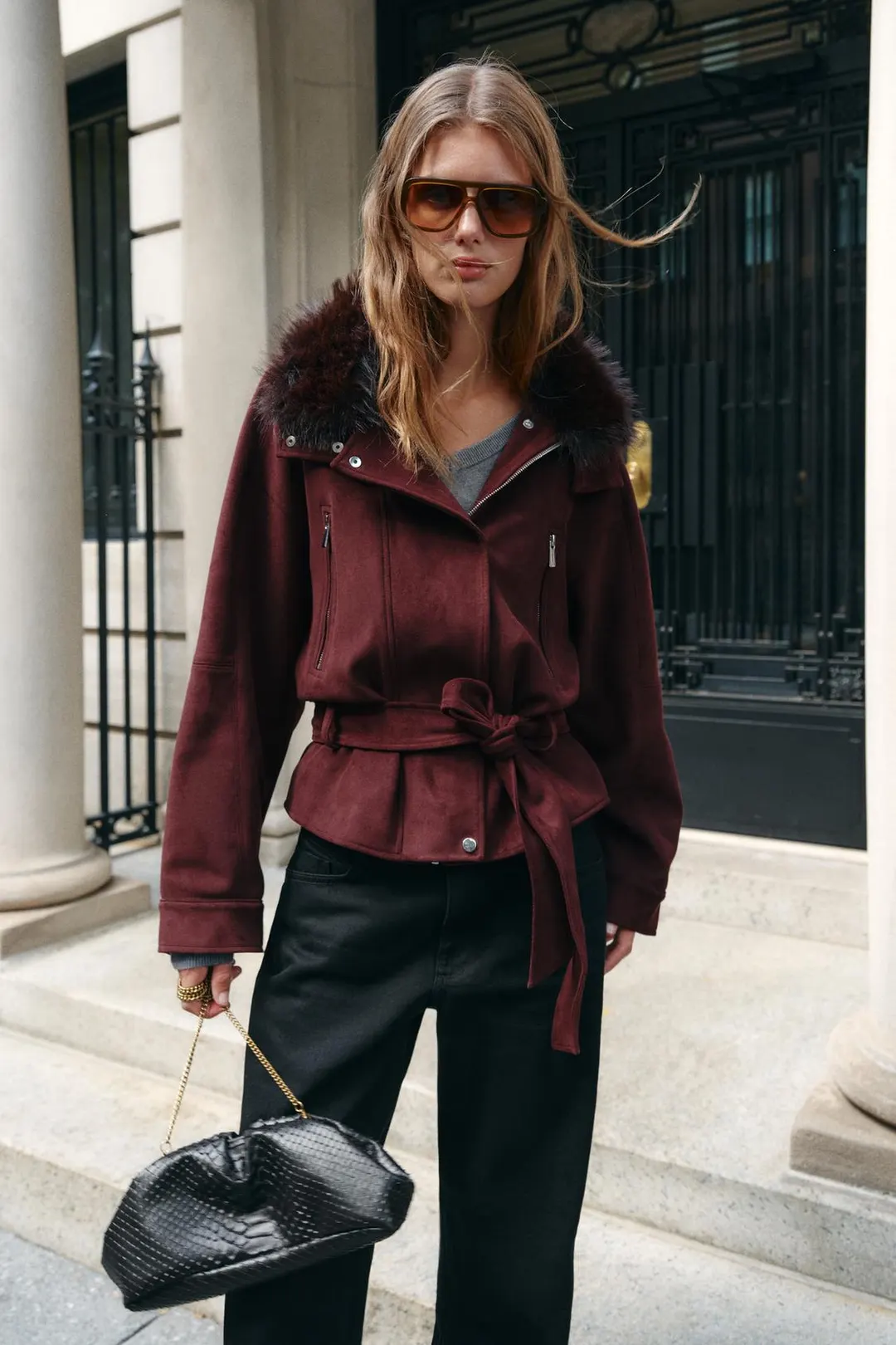 Куртка с поясом и воротником из искусственного меха, Zara