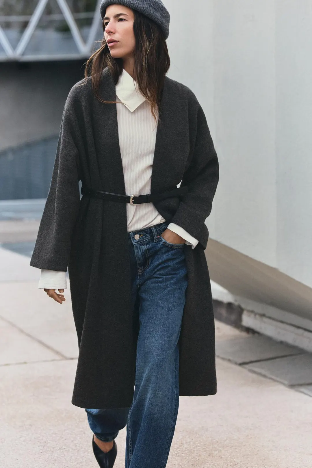 Длинное вязаное пальто с поясом, Zara