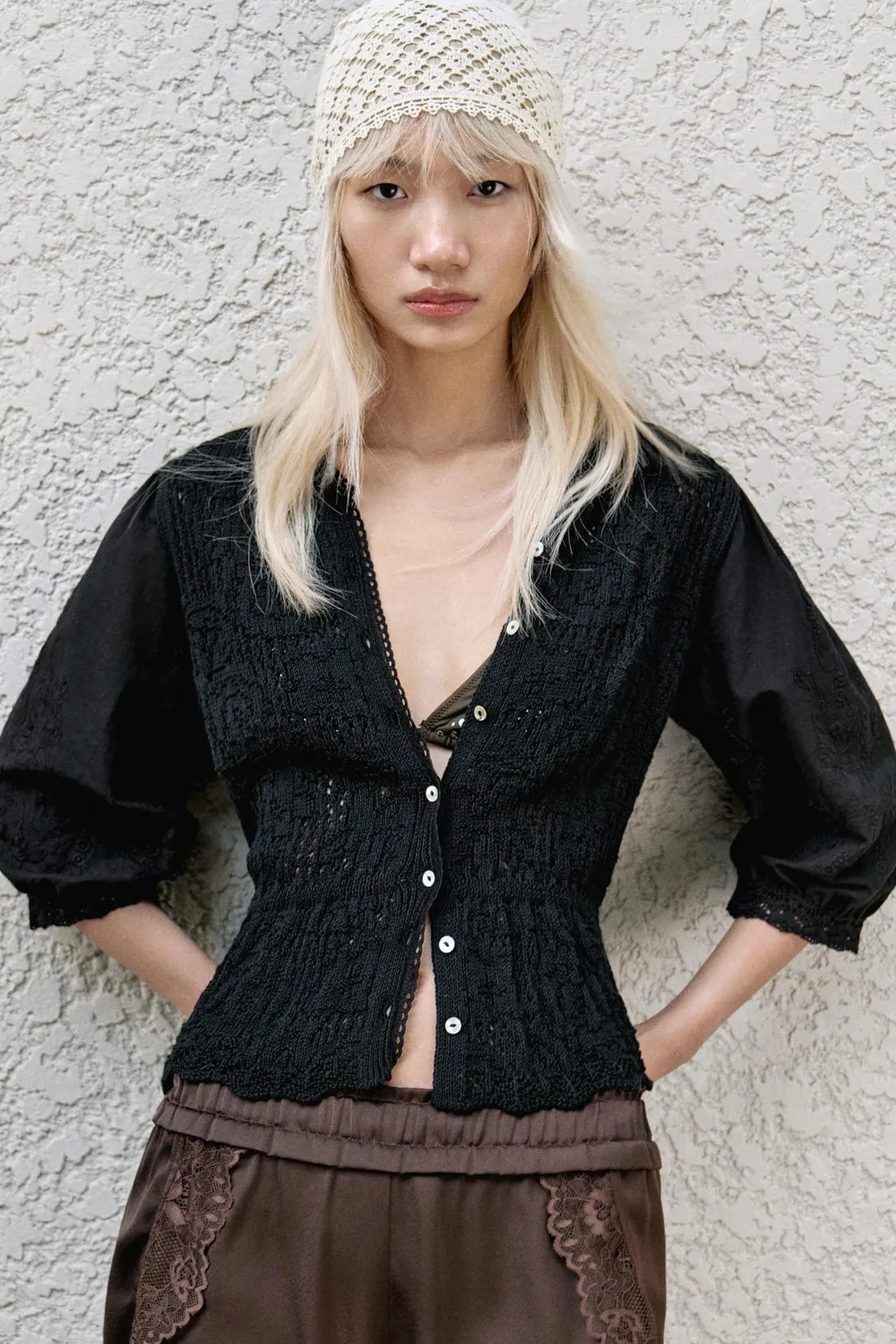 Комбинированный вязаный кардиган в романтическом стиле, Zara