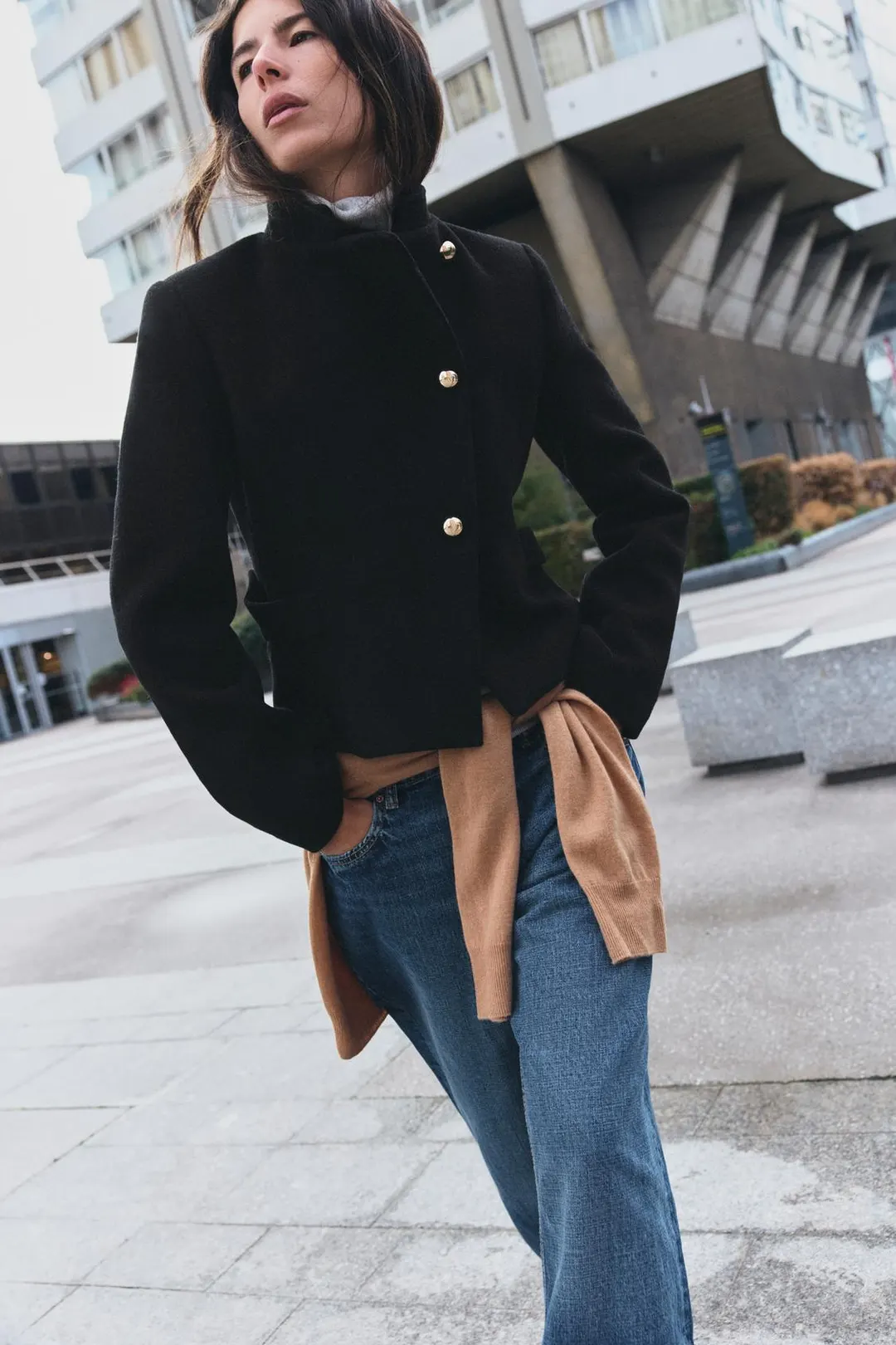 Двубортный пиджак из смесовой шерсти с подплечниками, Zara