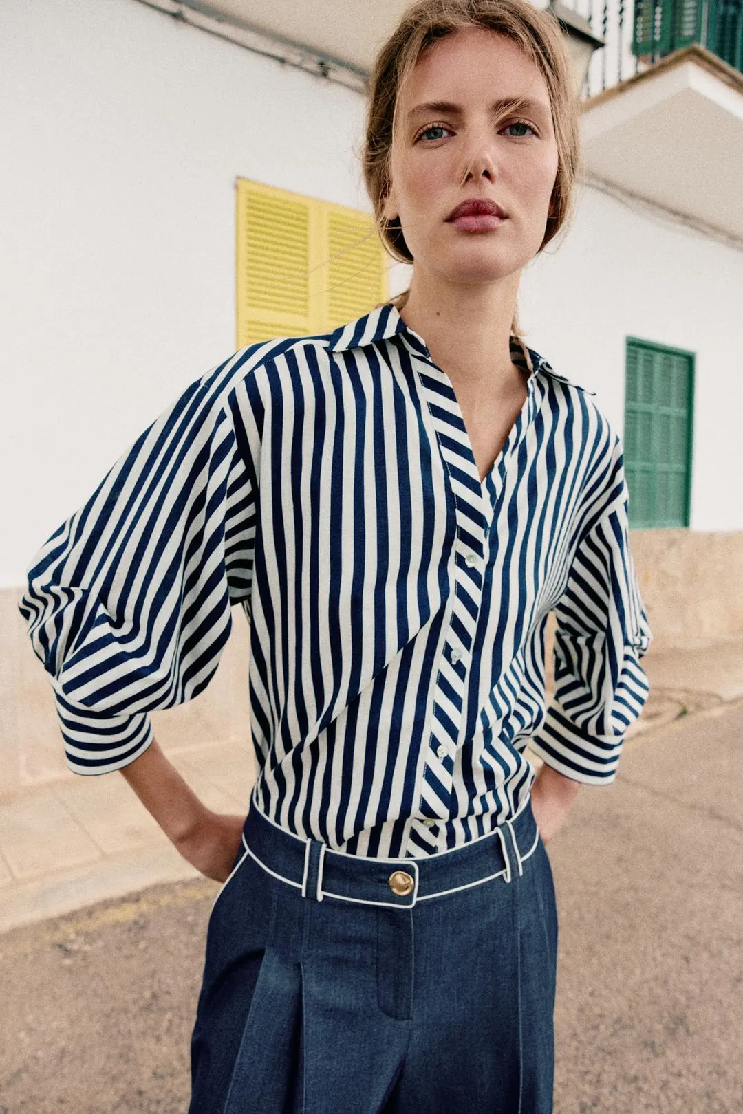 Рубашка в полоску из смесового льна с рукавами-фонариками, Zara