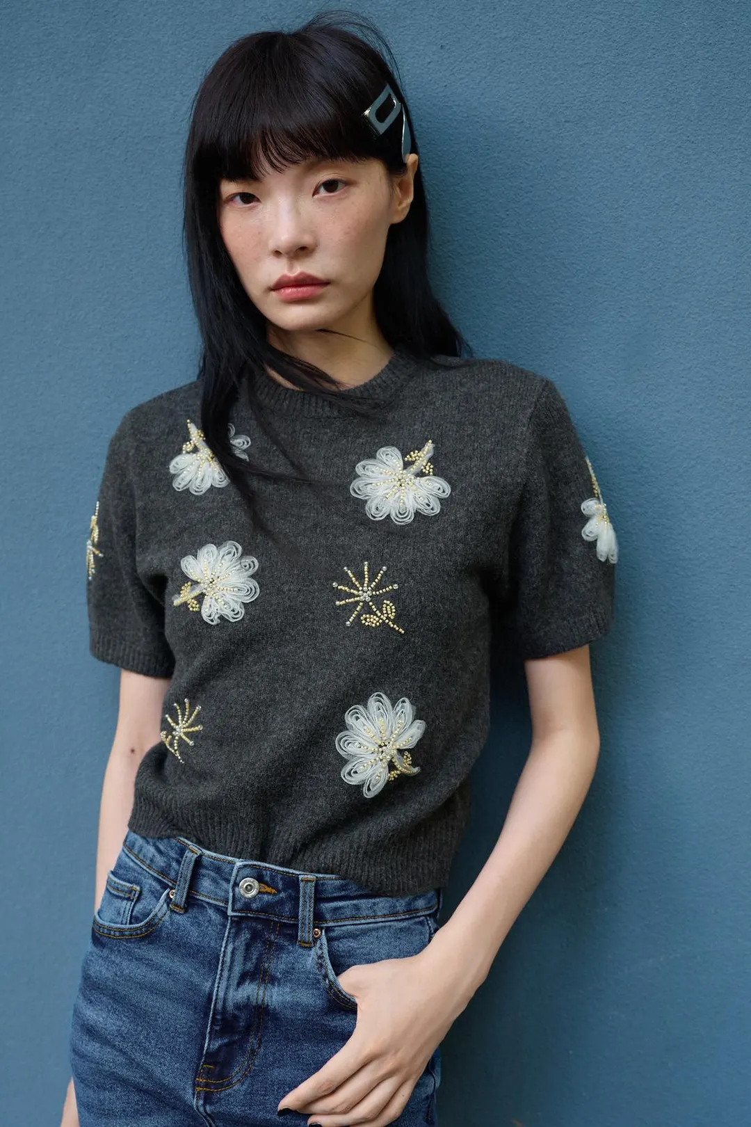 Джемпер с короткими рукавами и бусинами, Zara