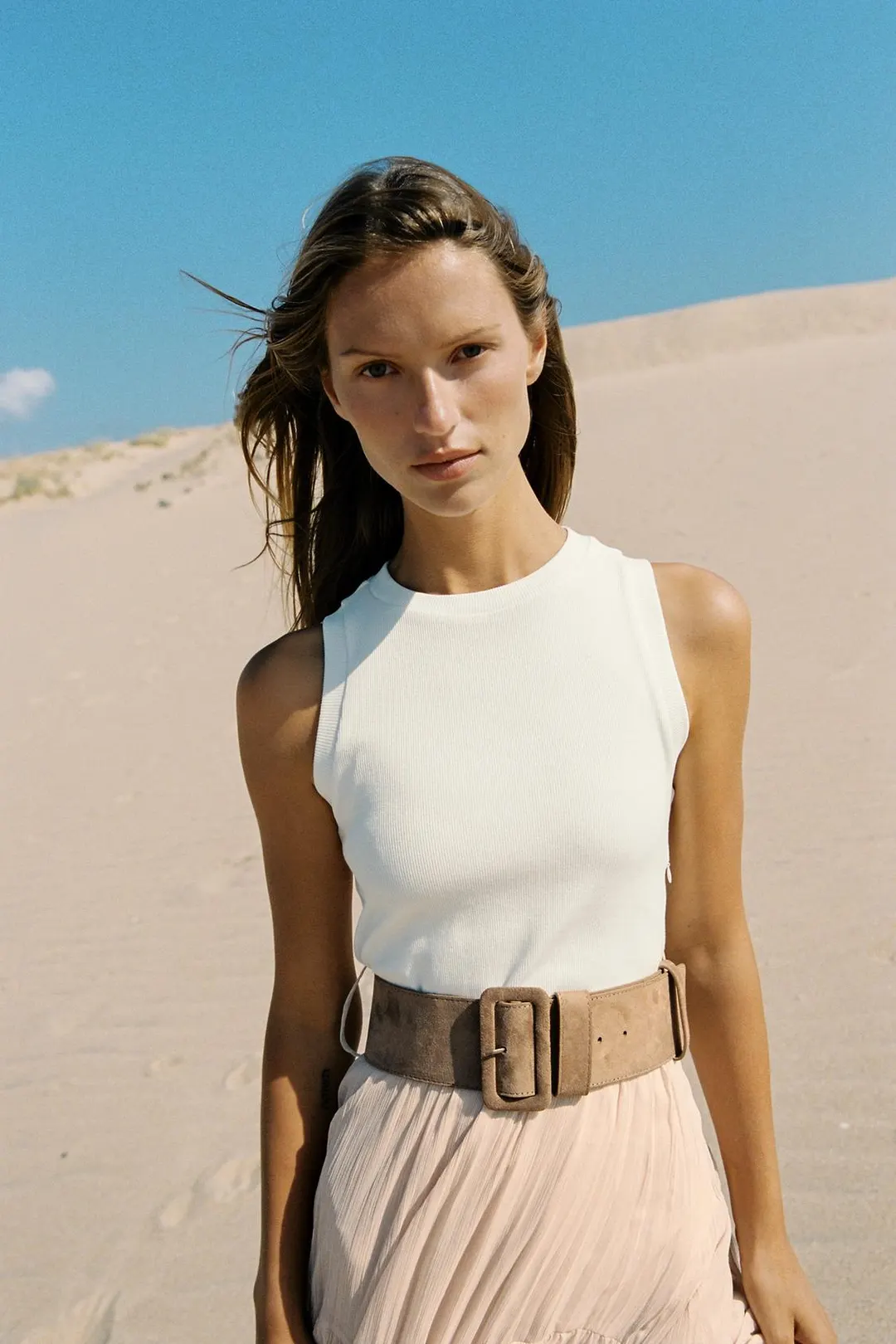 Комбинированное платье миди с поясом, Zara