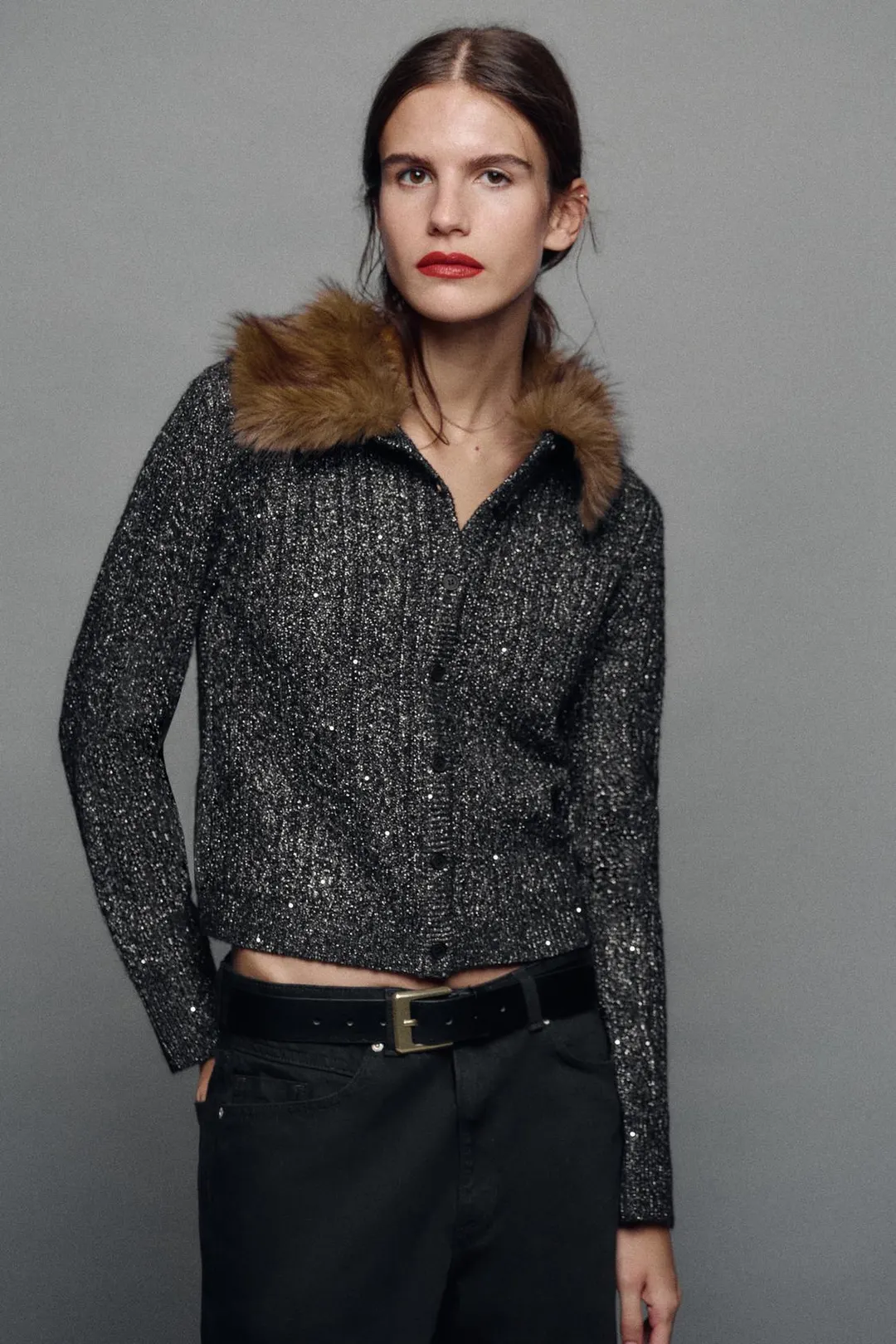 Кардиган со съемным комбинированным воротником, Zara