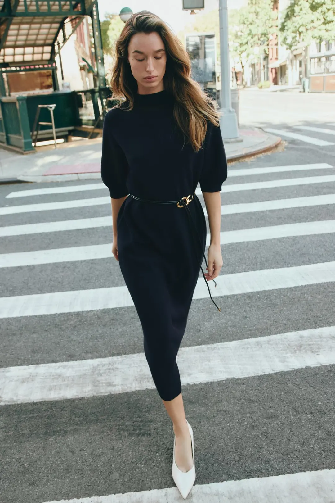Платье длинное из трикотажа с поясом, Zara