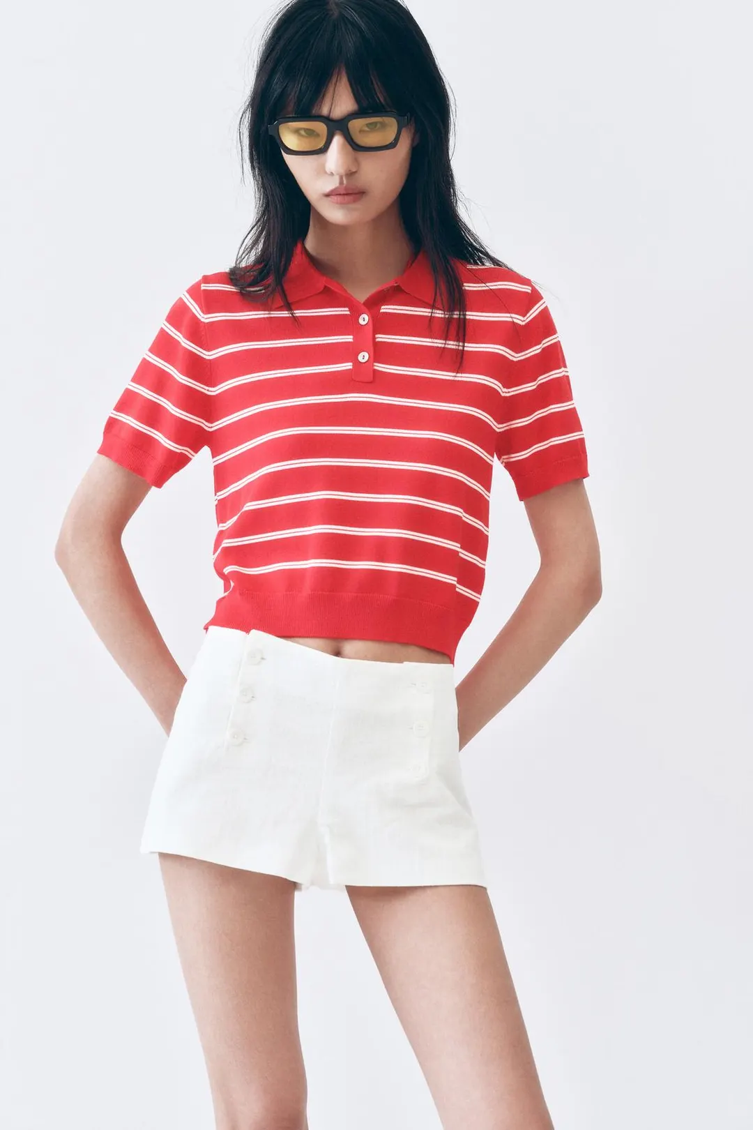 Вязаное поло в полоску с короткими рукавами, Zara