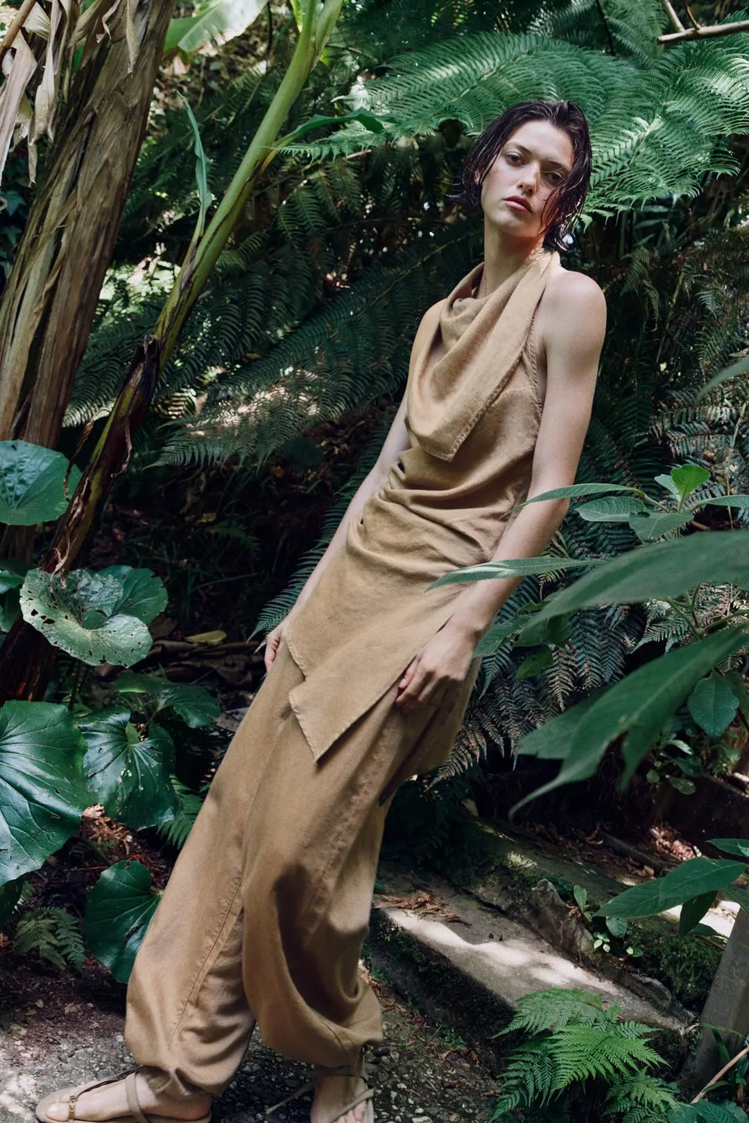 Брюки широкие из смесового льна с завязками, Zara