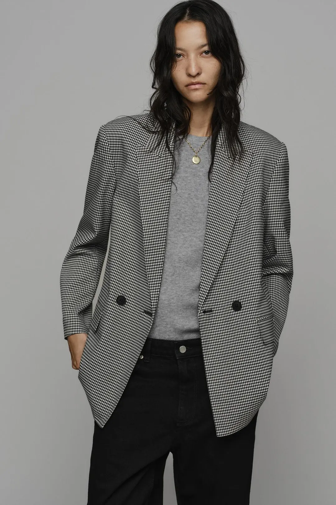 Блейзер двубортный оверсайз с узором гусиная лапка, Zara