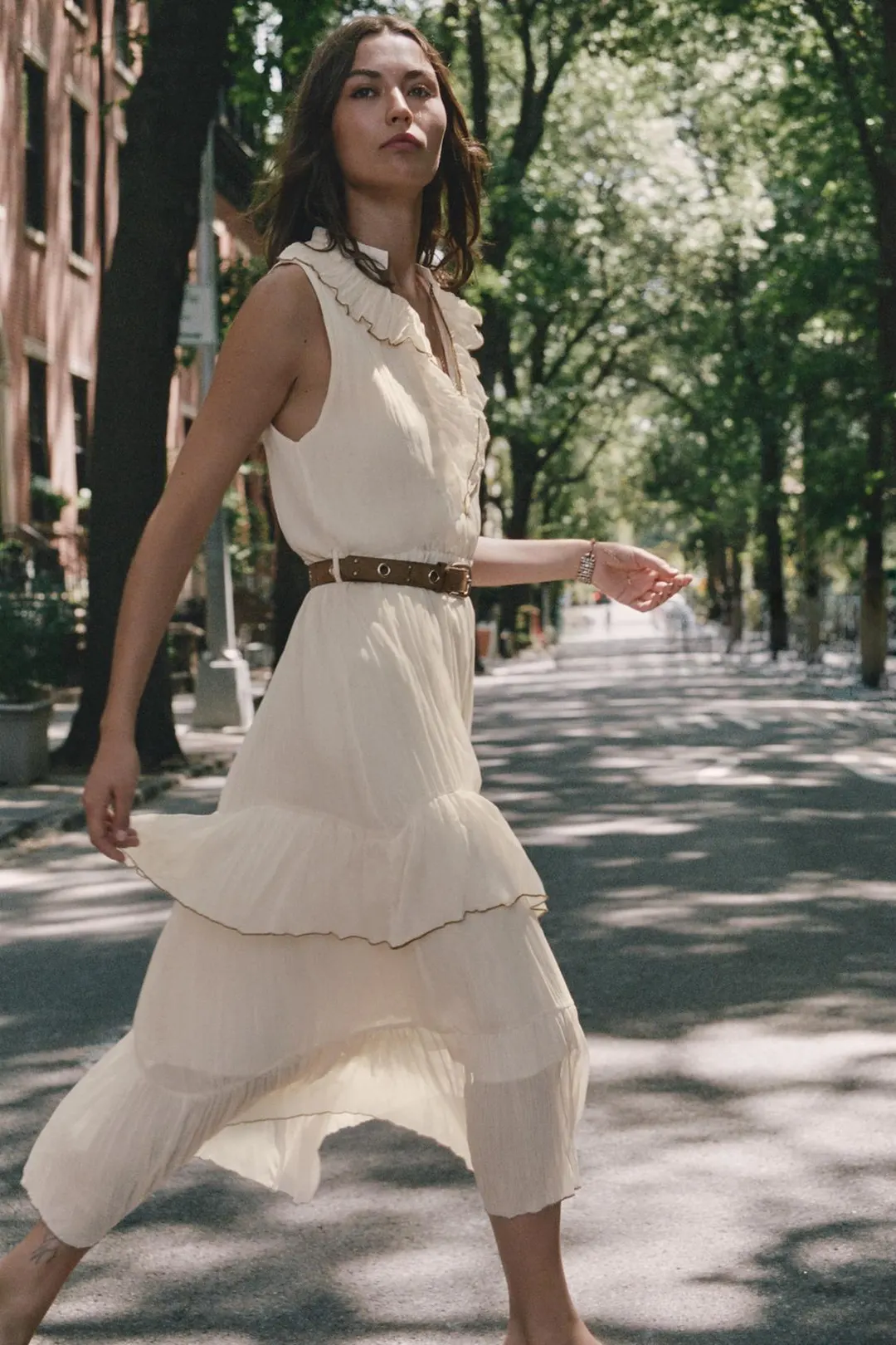 Платье миди с оборками и поясом, Zara