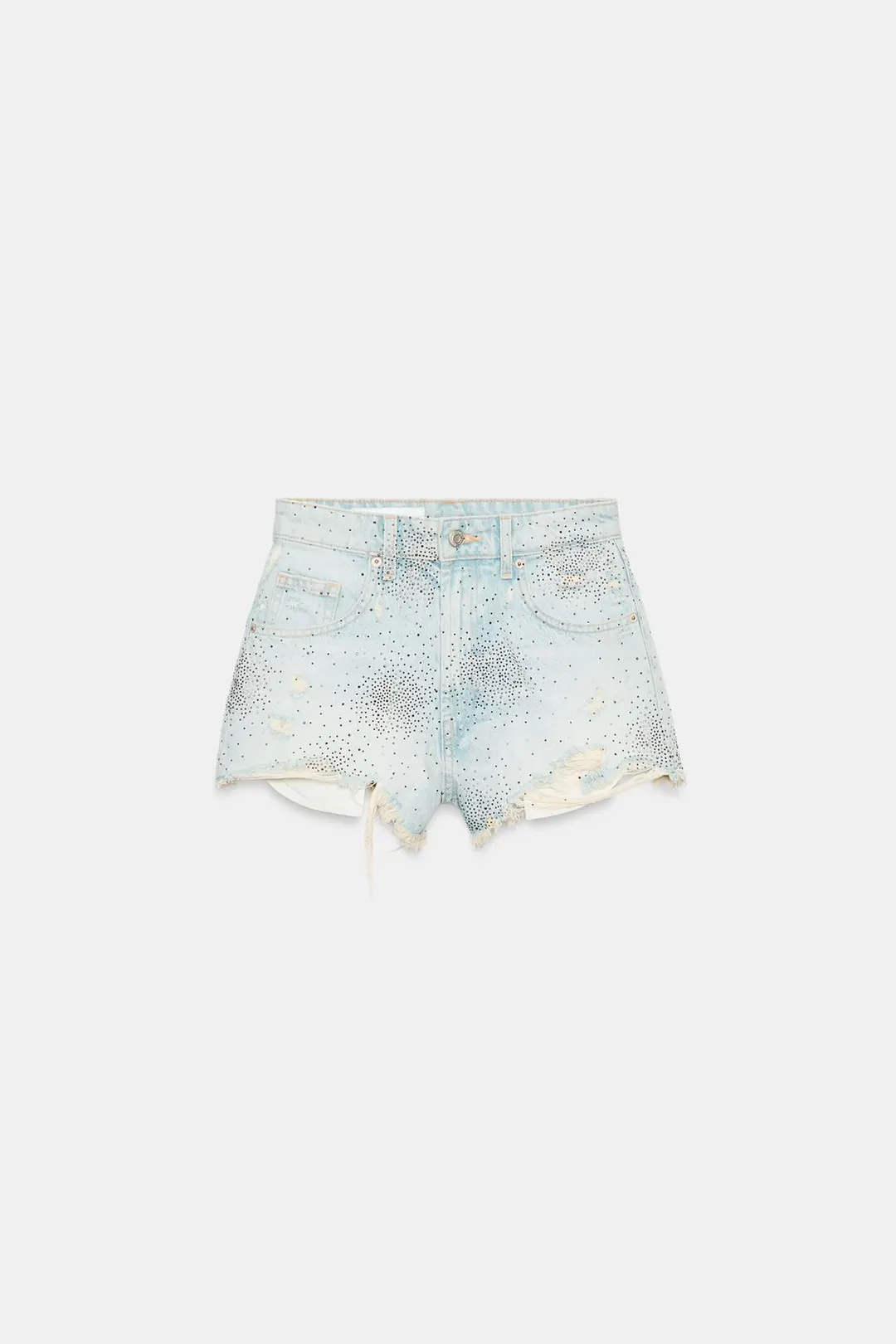 Джинсовые шорты с высокой посадкой, разрывами и стразами, Zara