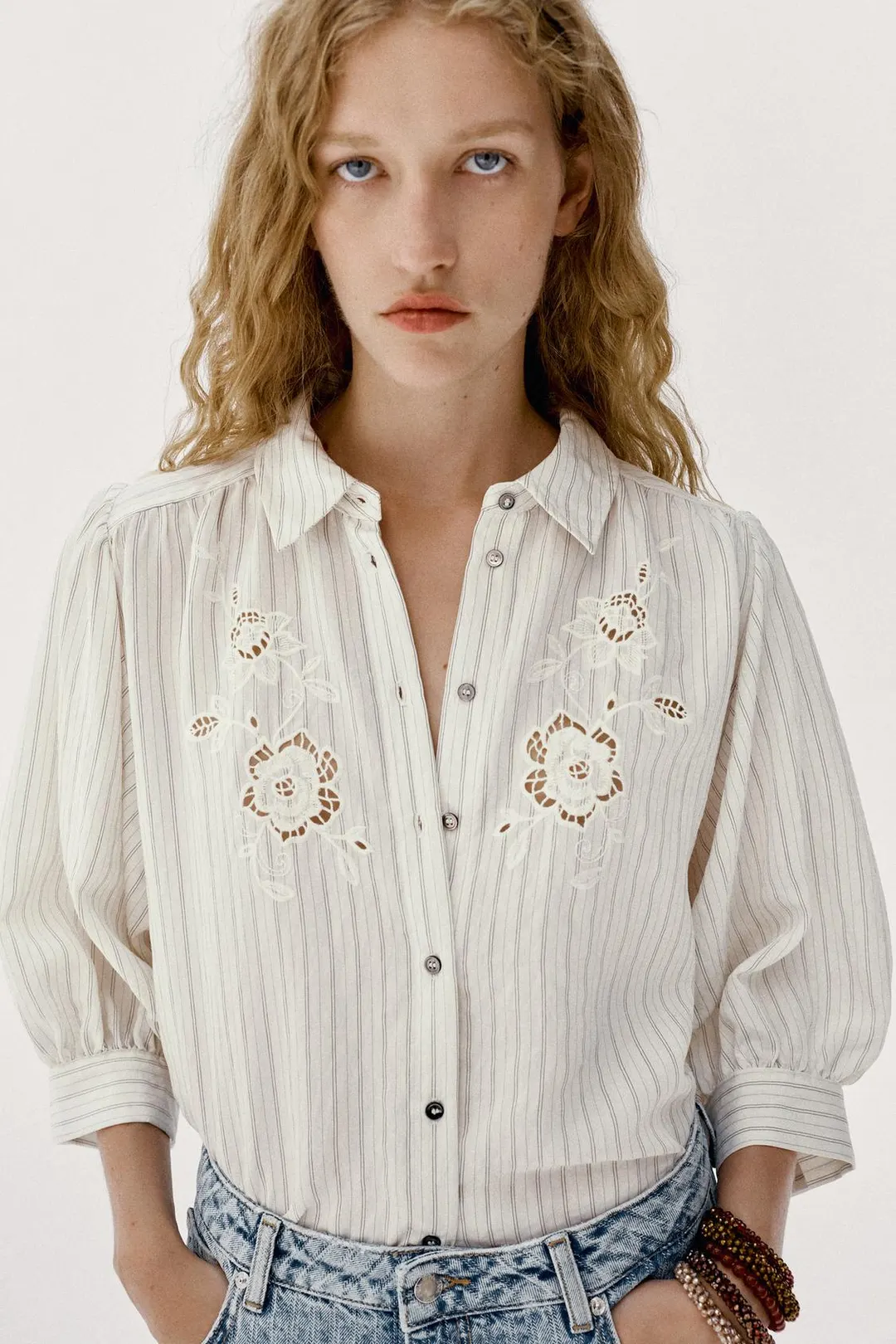 Рубашка в полоску с ажурной вышивкой, Zara