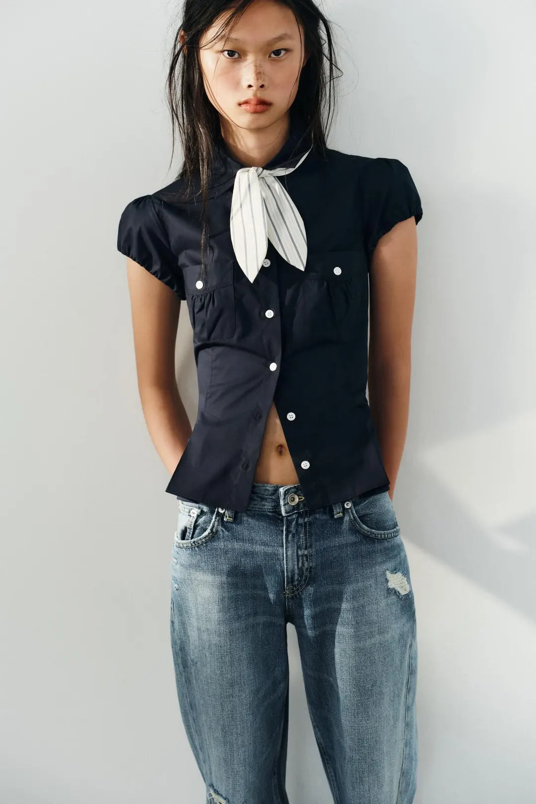 Рубашка строгого кроя с карманами и шарфом, Zara