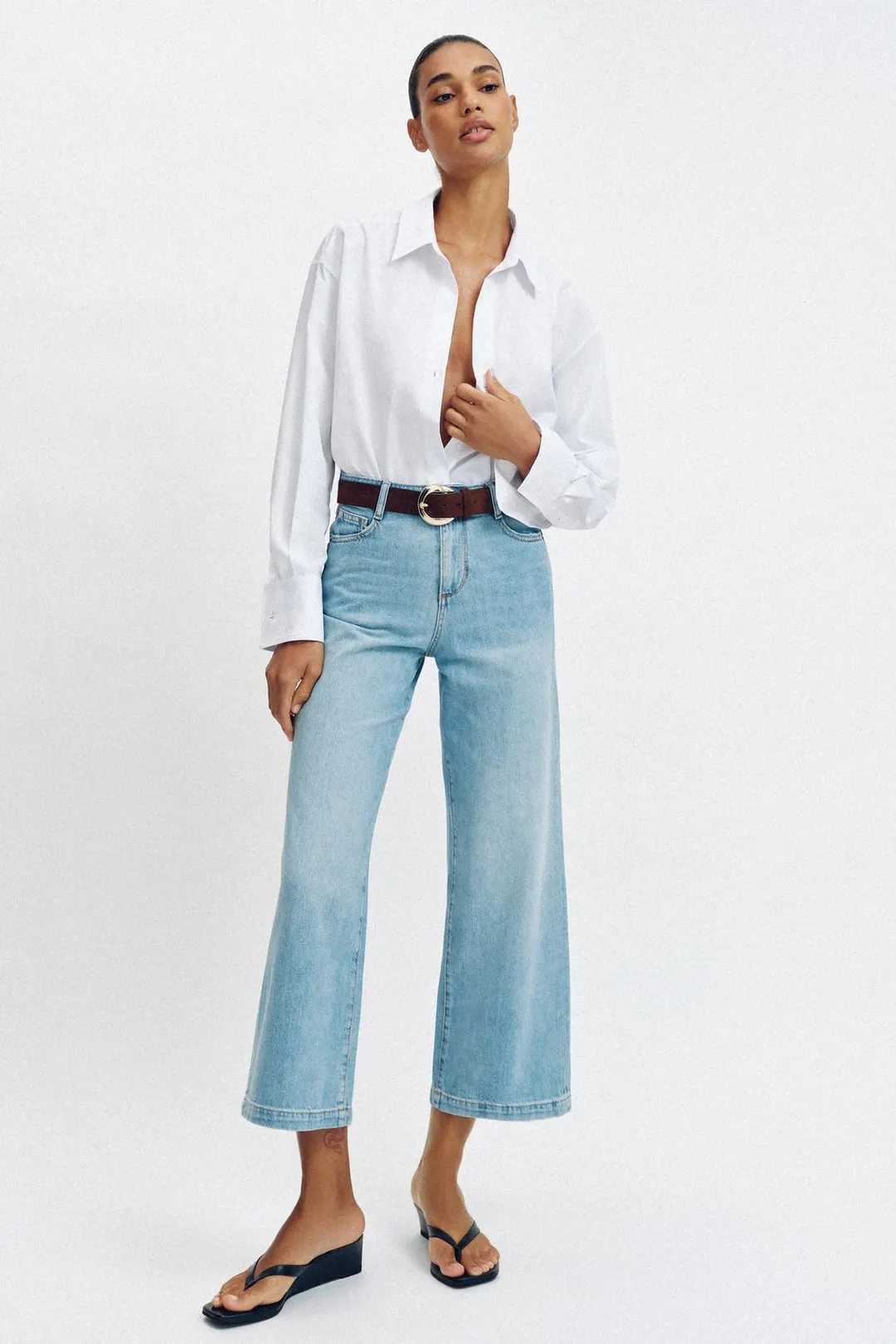 Укороченные широкие джинсы с высокой посадкой и ремнем, Zara
