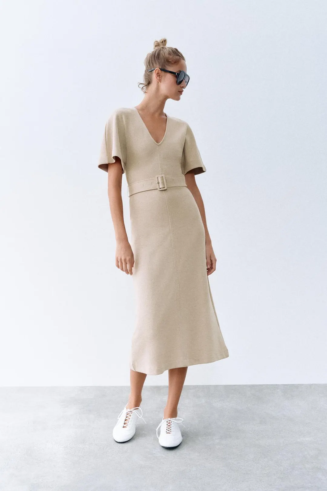 Мягкое платье миди с поясом, Zara