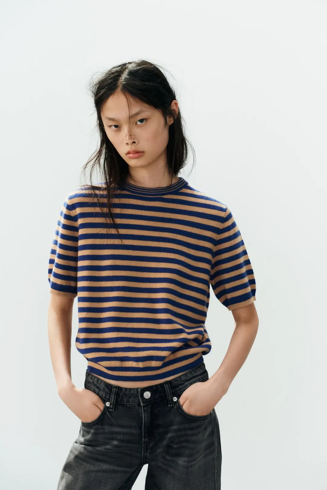 Джемпер в полоску с короткими рукавами из 100% шерсти, Zara