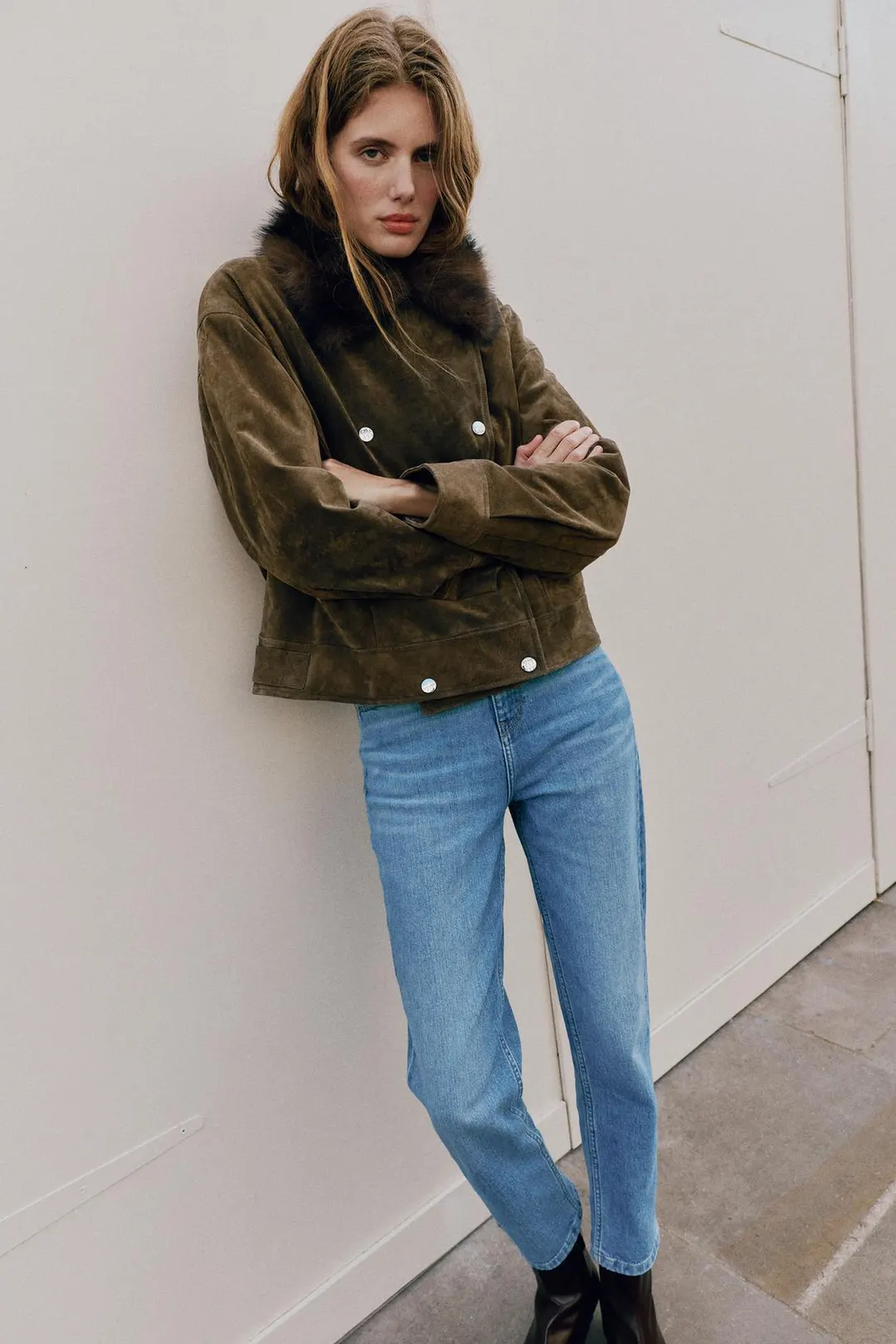 Куртка из 100% кожи с воротником из искусственного меха, Zara