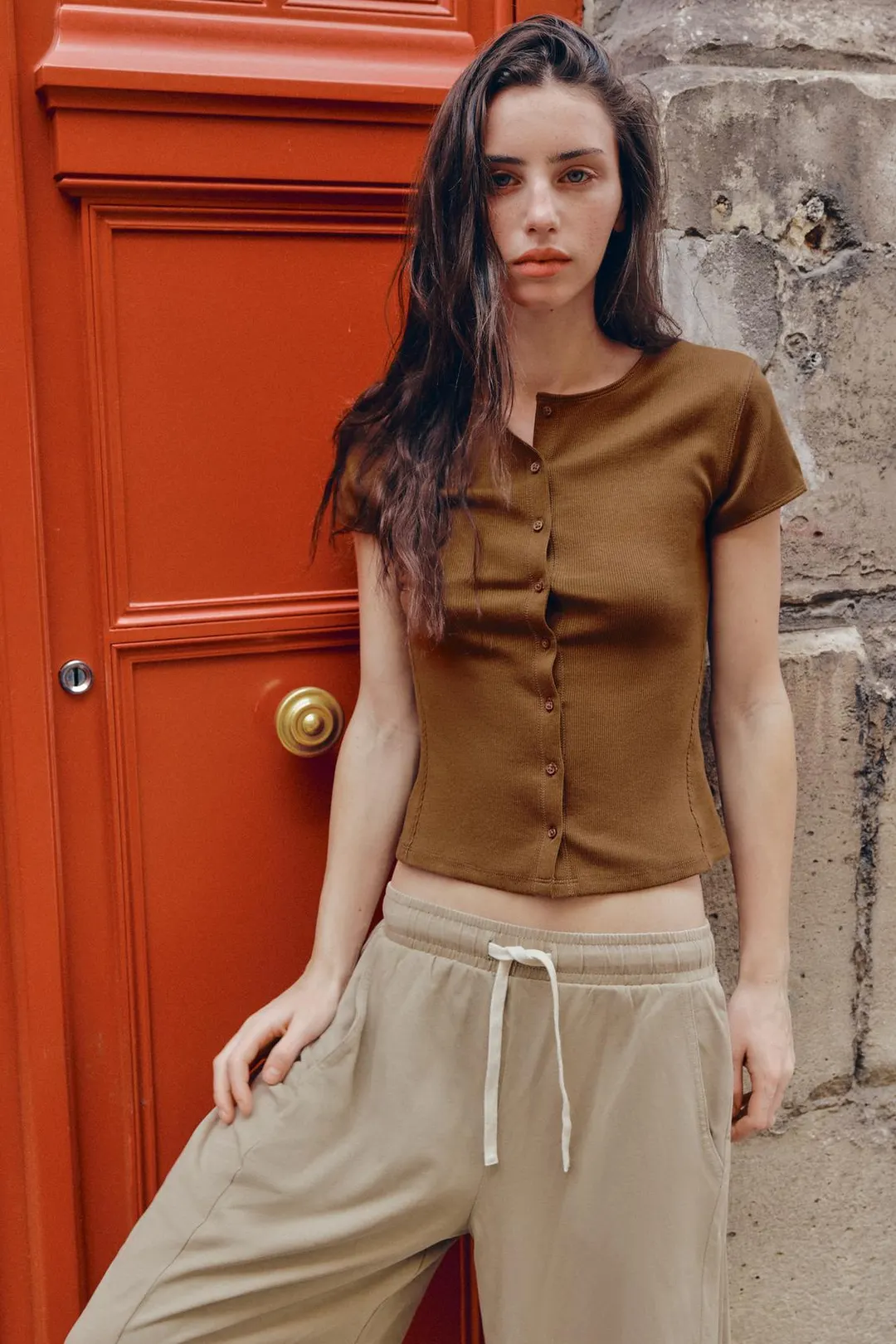 Футболка в рубчик на пуговицах, Zara