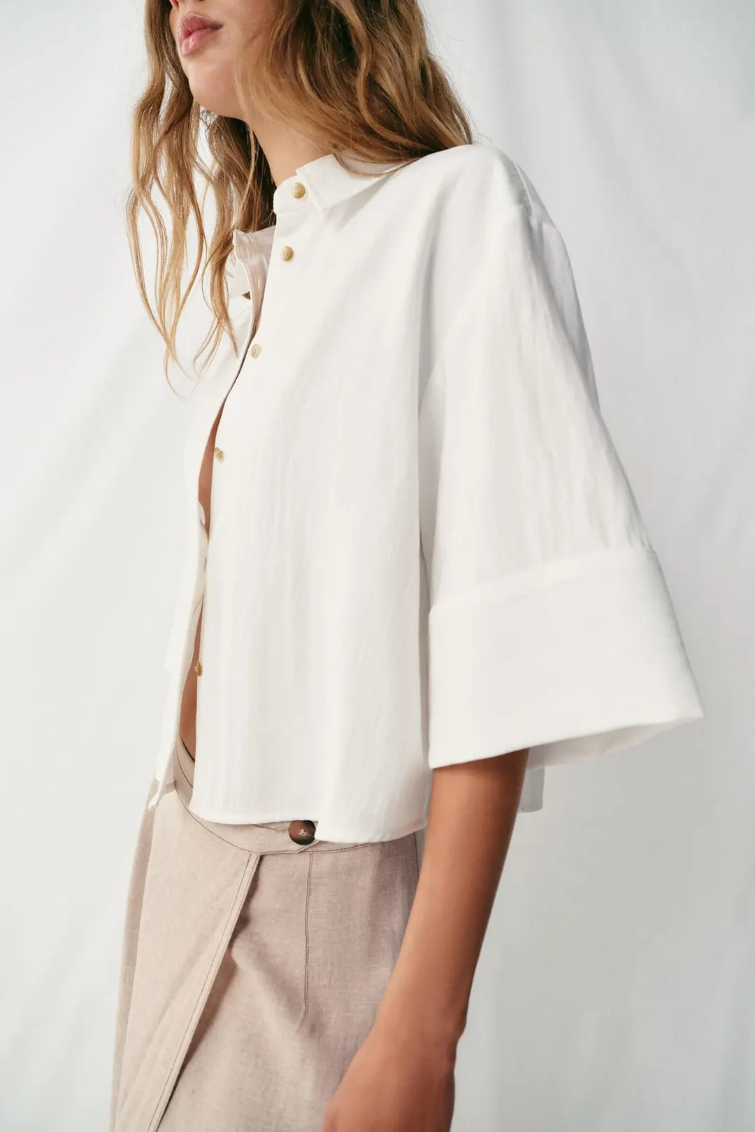 Рубашка укороченная с широкими рукавами, Zara