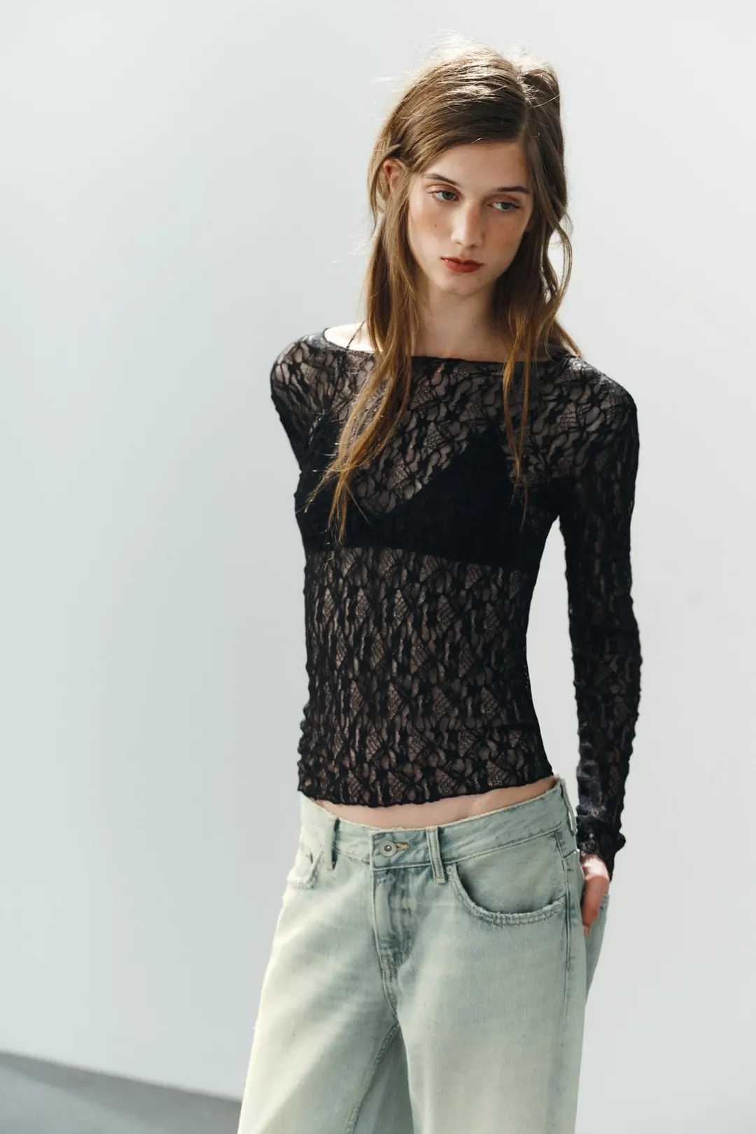 Кружевной топ с длинными рукавами, Zara
