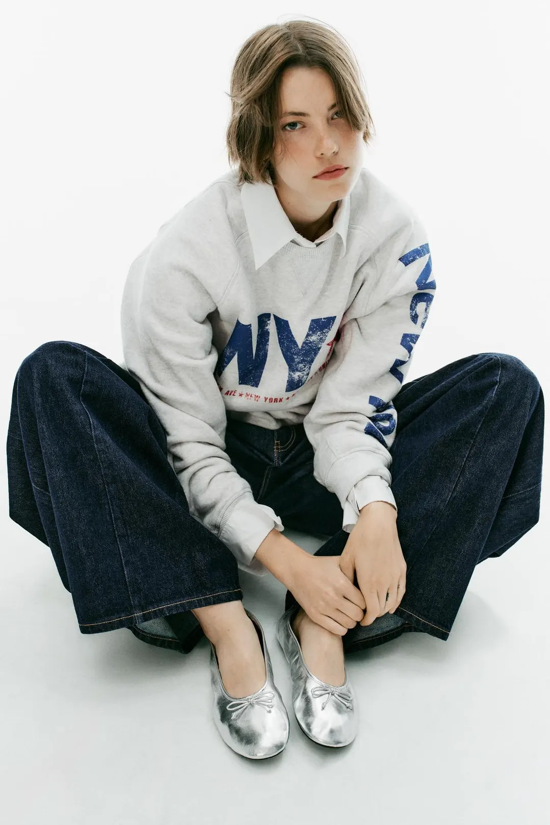 Балетки кожаные с эффектом металлик, Zara