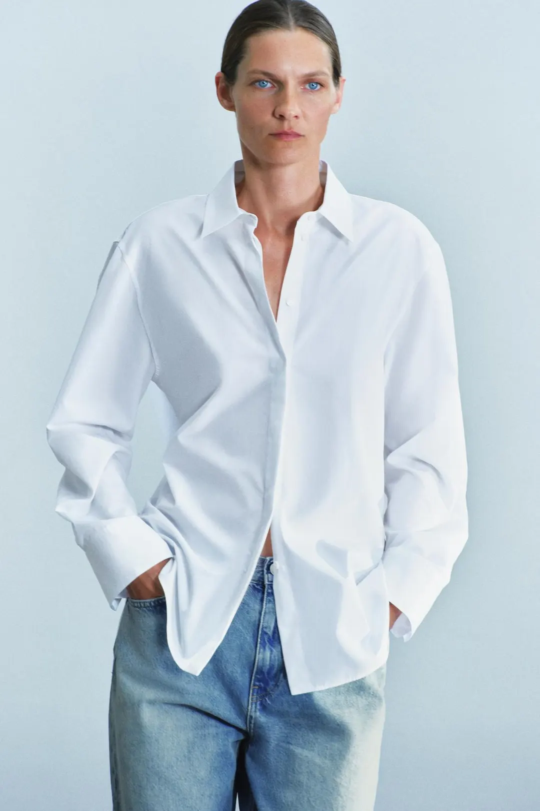 Рубашка однотонная из поплина ZW Collection, Zara
