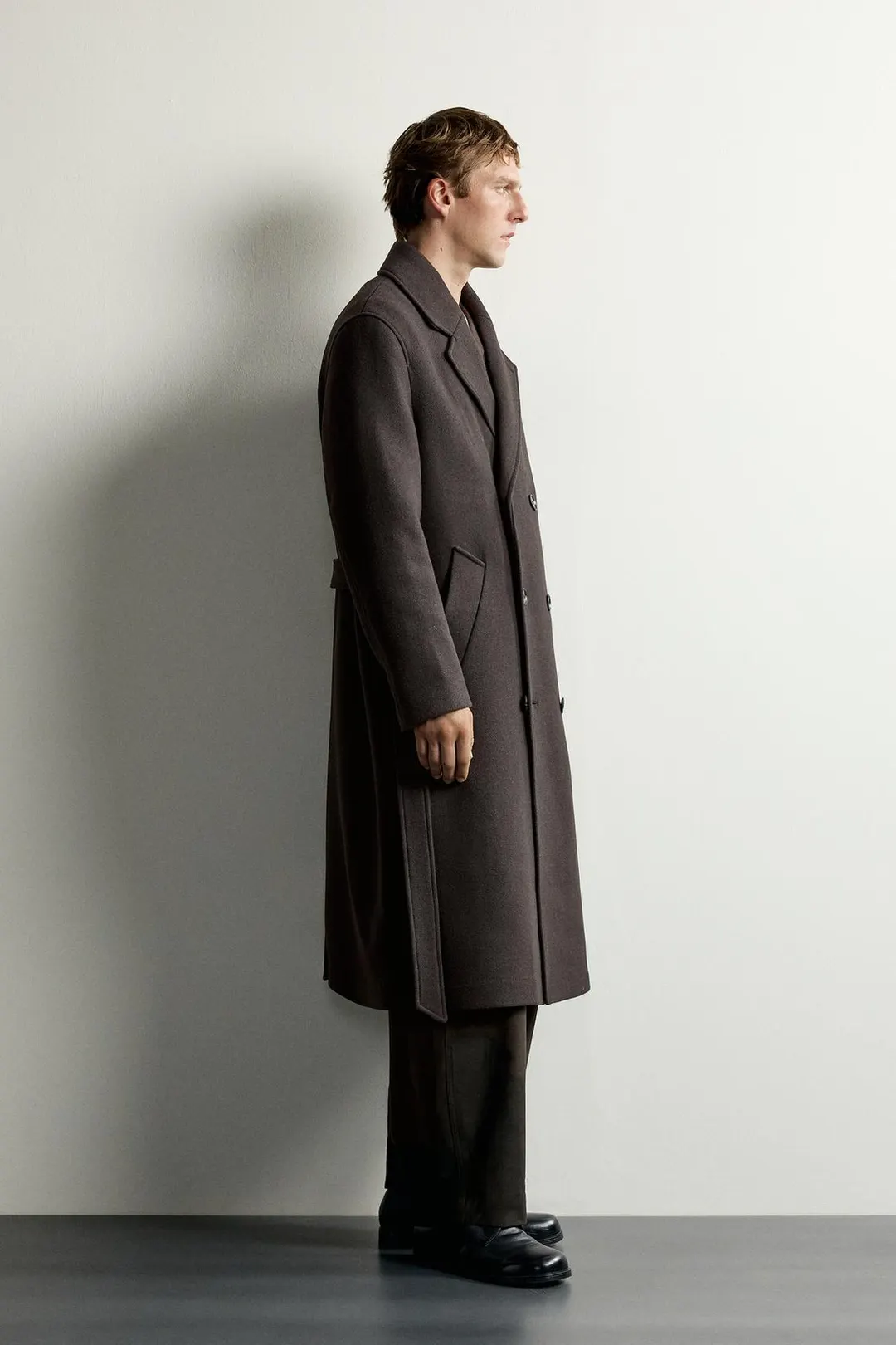 Двубортное пальто из смесовой шерсти с поясом, Zara