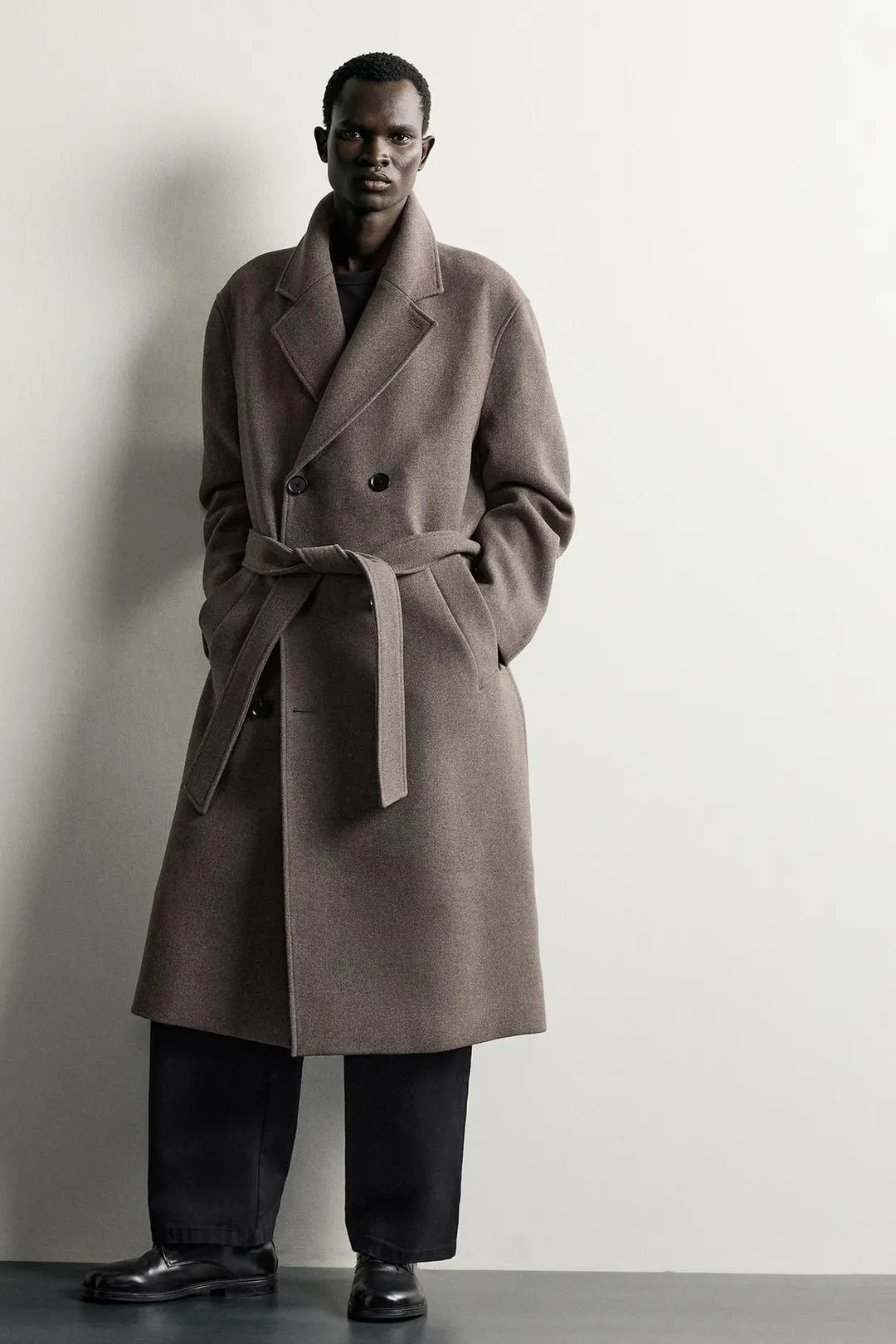 Двубортное пальто из смесовой шерсти с поясом, Zara
