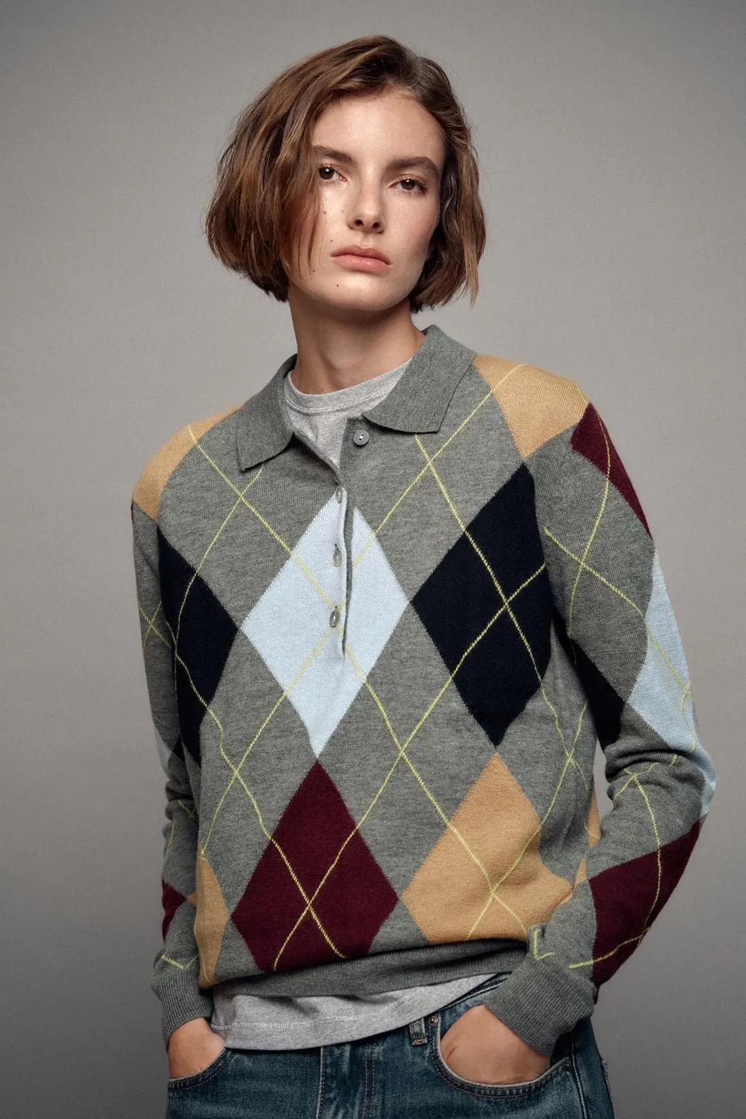 Джемпер-поло из 100% шерсти с узором аргайл, Zara