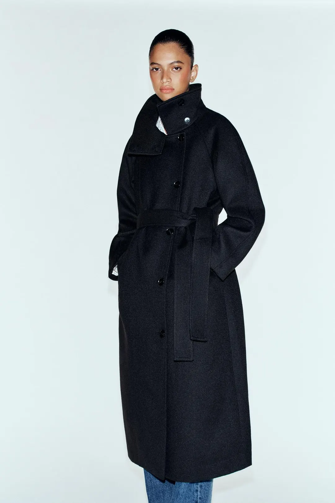 Пальто с высоким воротником и поясом, Zara
