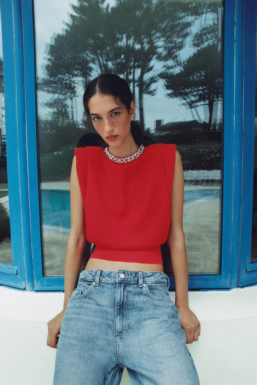 Топ с круглым вырезом и подплечниками, Zara