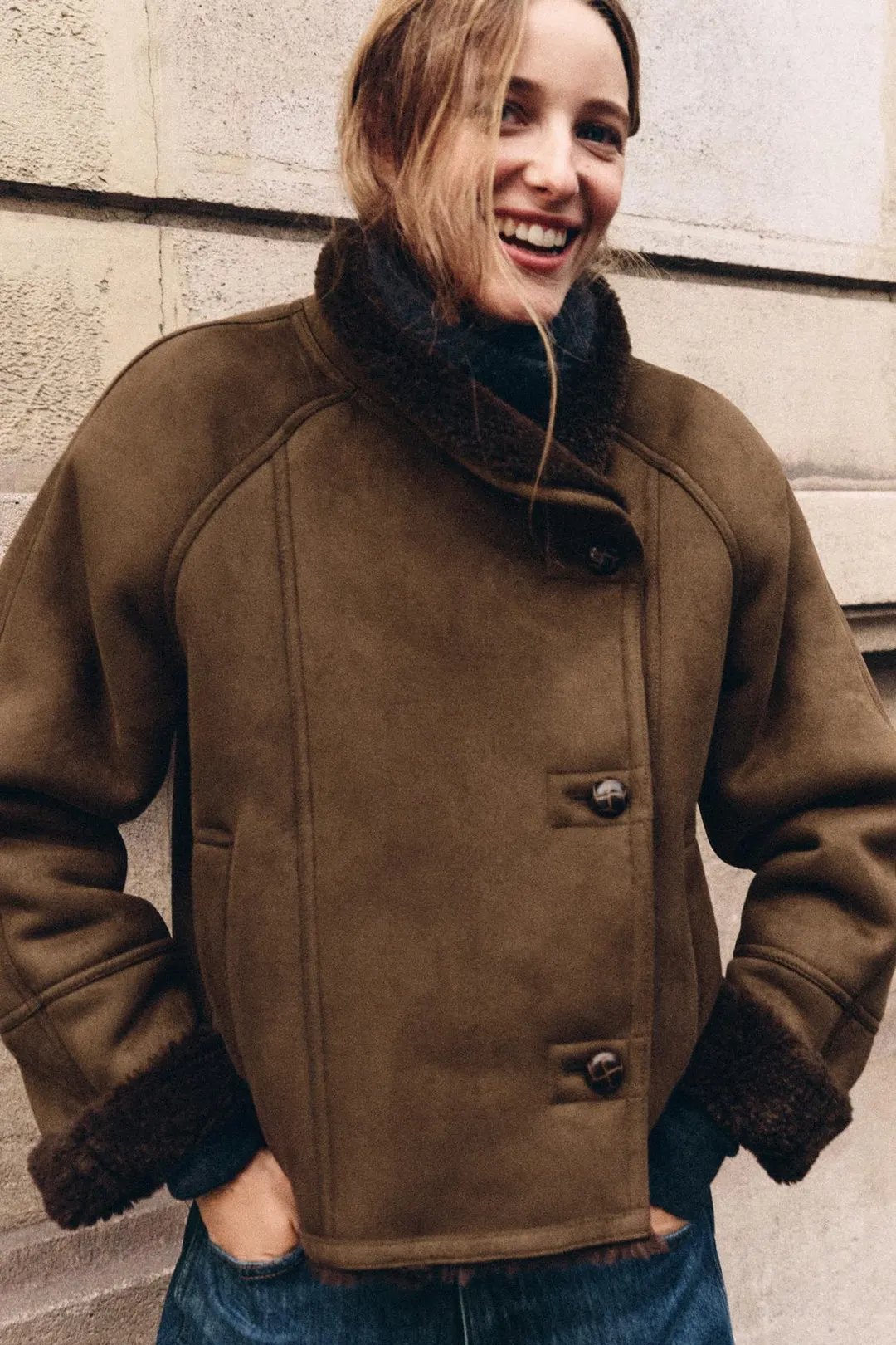 Куртка ZW Collection комбинированная из искусственного меха, Zara