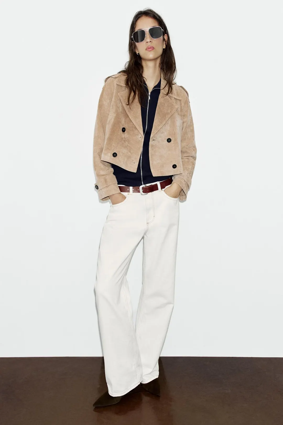 Тренч короткий двубортный из 100% кожи, Zara