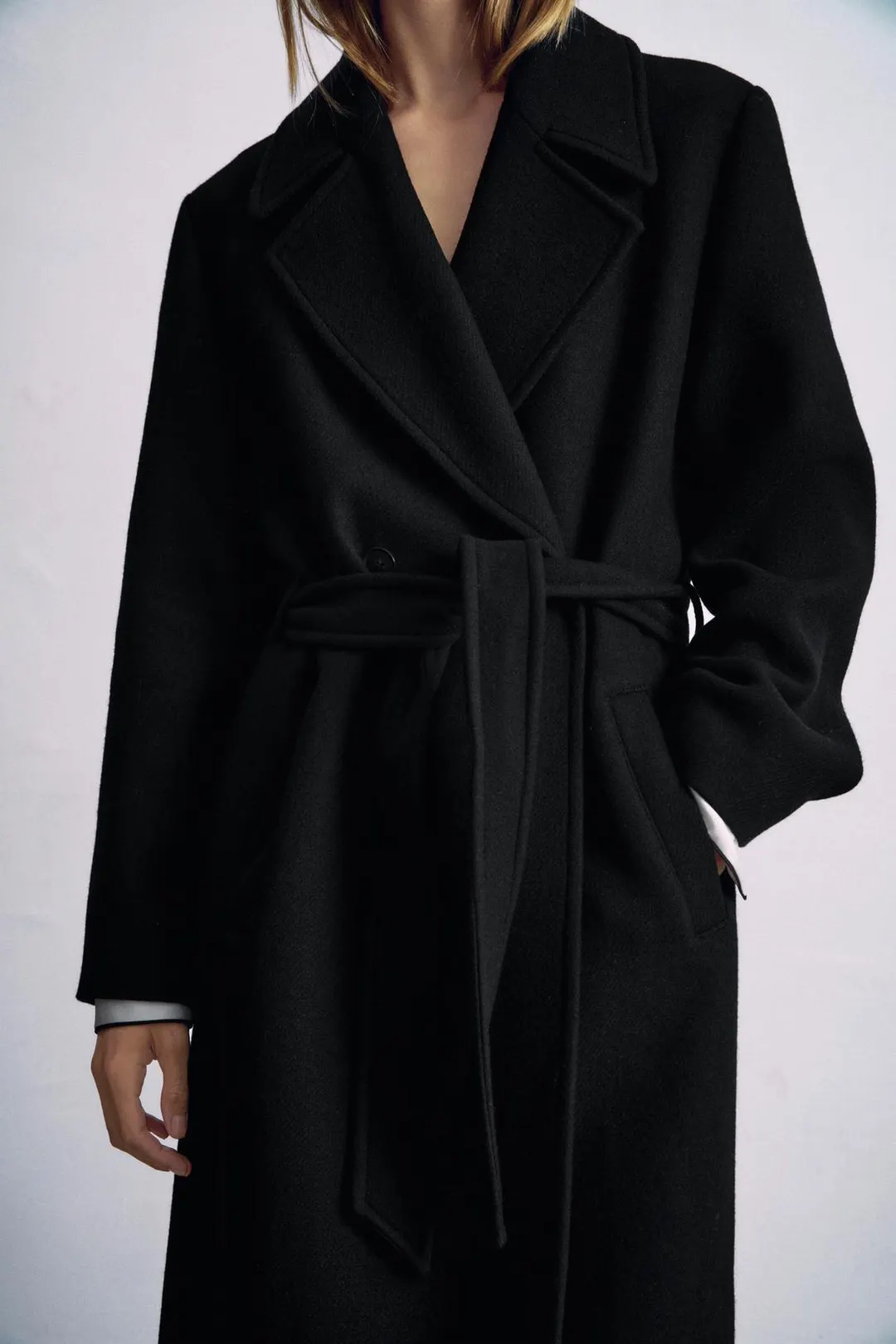 Пальто длинное из смесовой шерсти с поясом, Zara