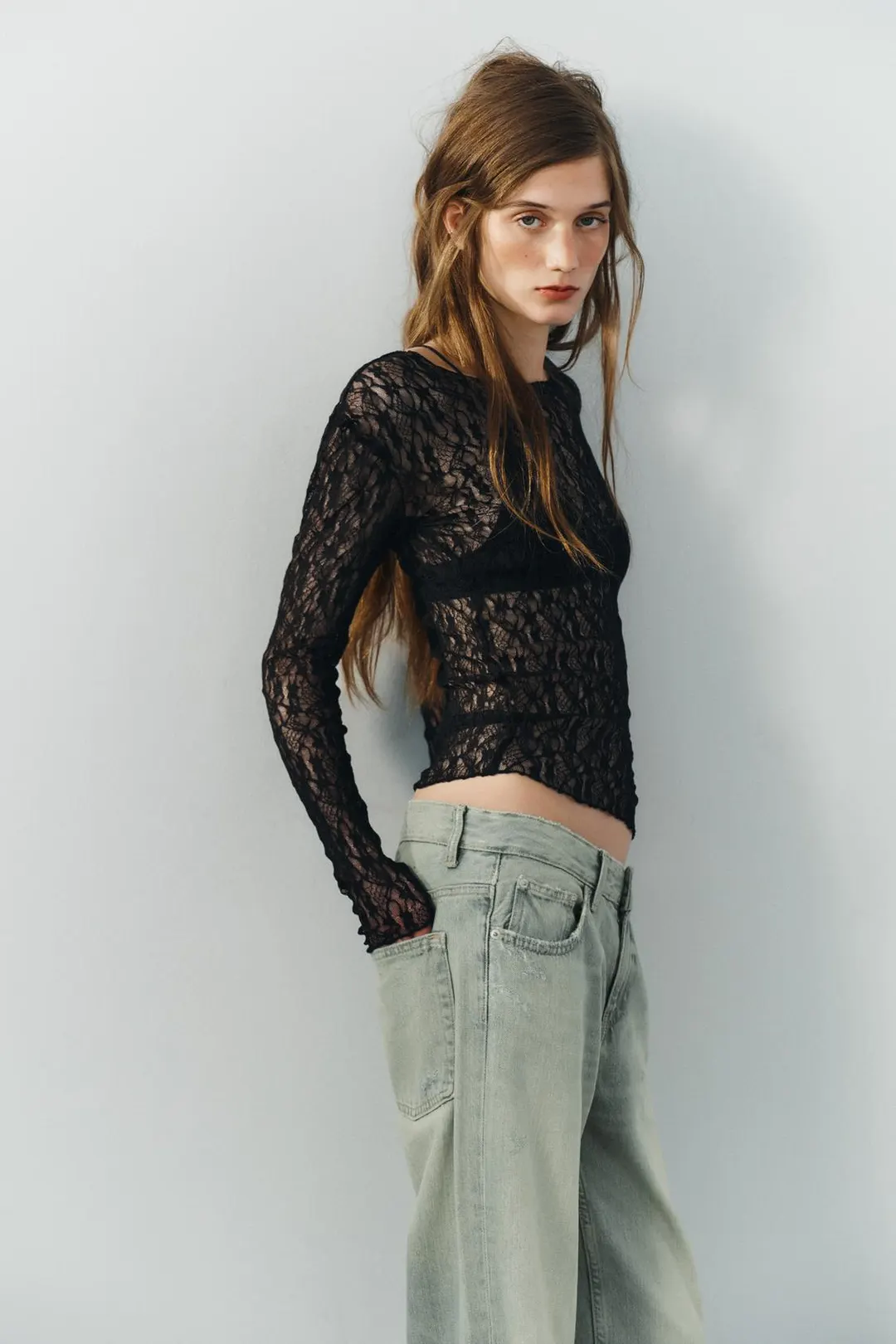Кружевной топ с длинными рукавами, Zara