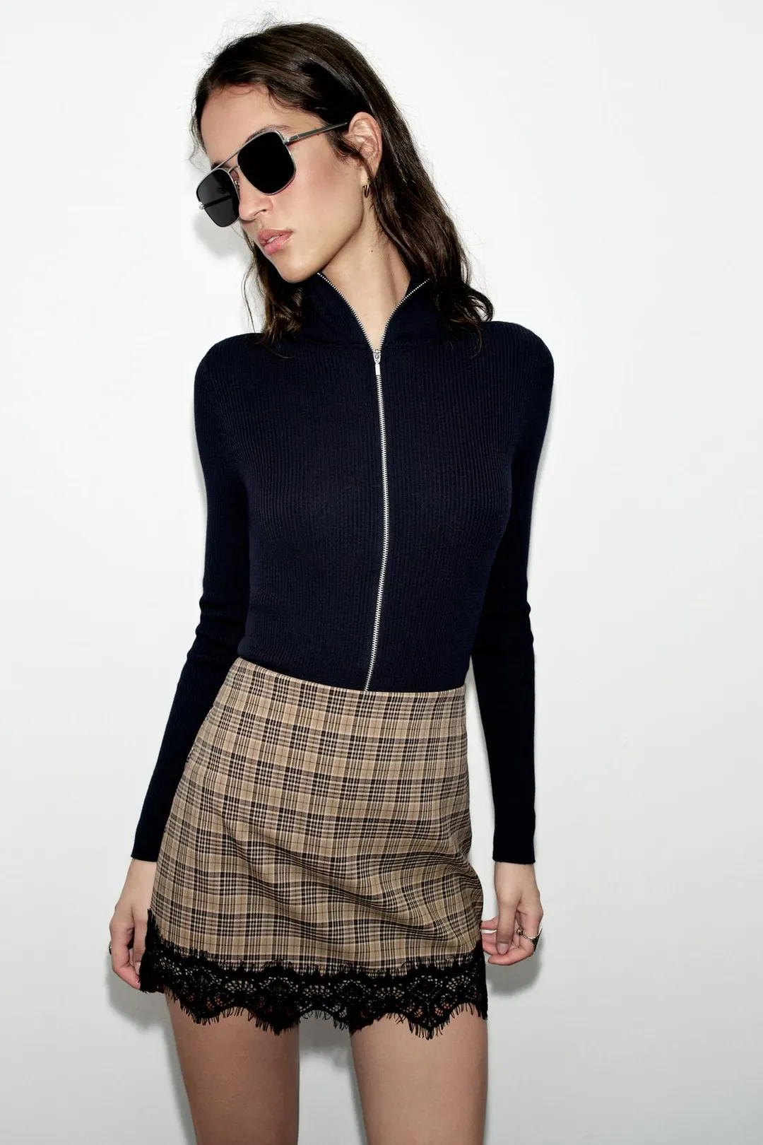 Юбка-шорты в клетку с кружевом, Zara