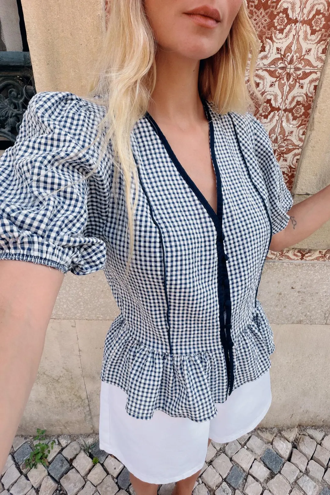 Блузка в клетку виши с баской, Zara