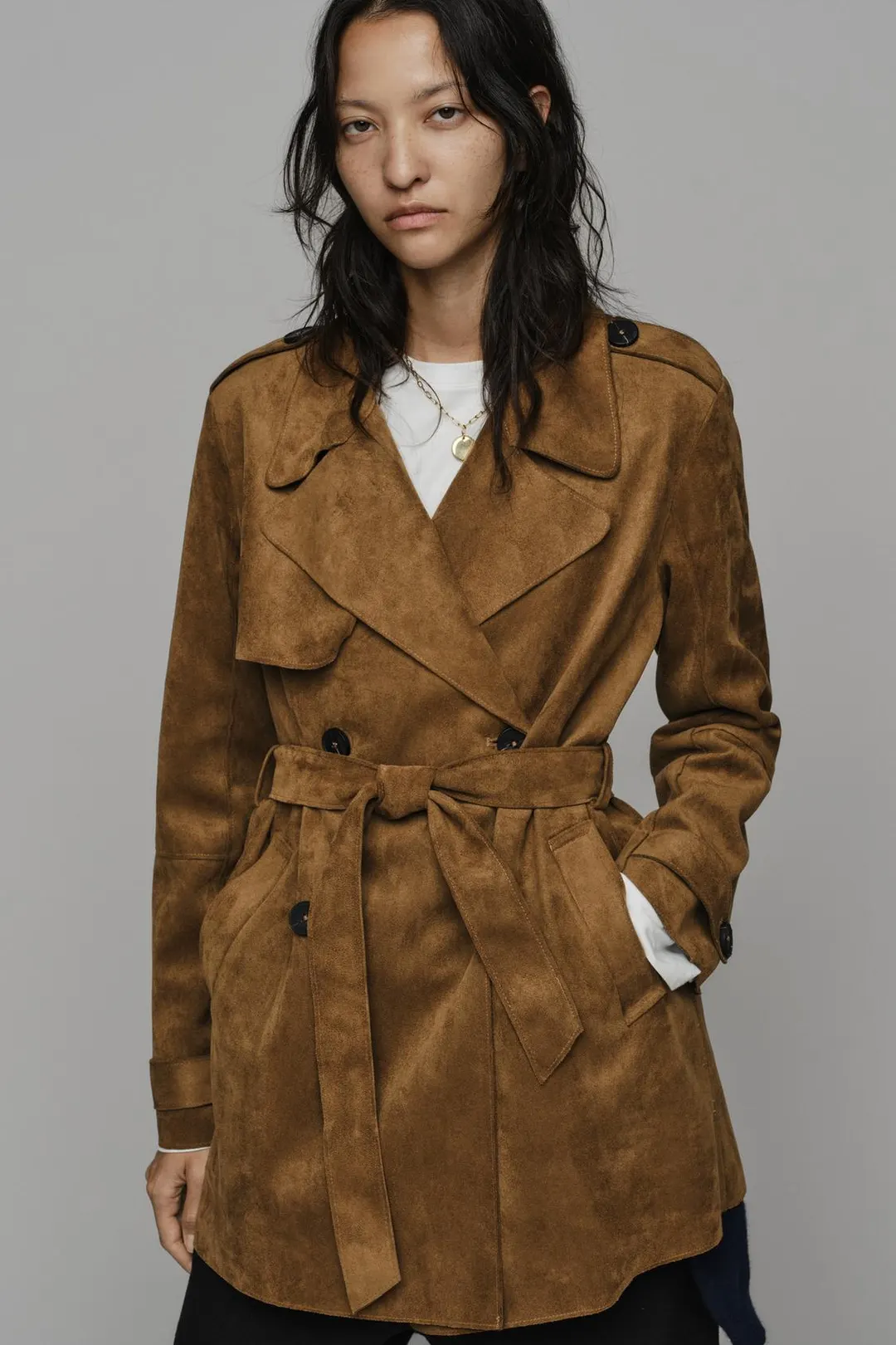 Тренч под замшу с поясом, Zara