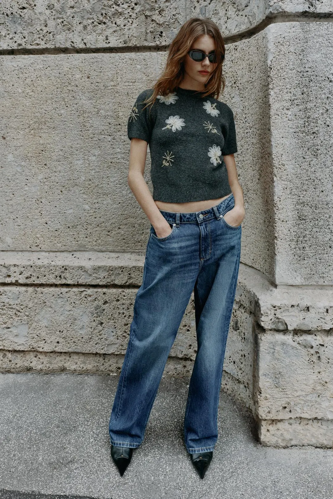 Джемпер с короткими рукавами и бусинами, Zara