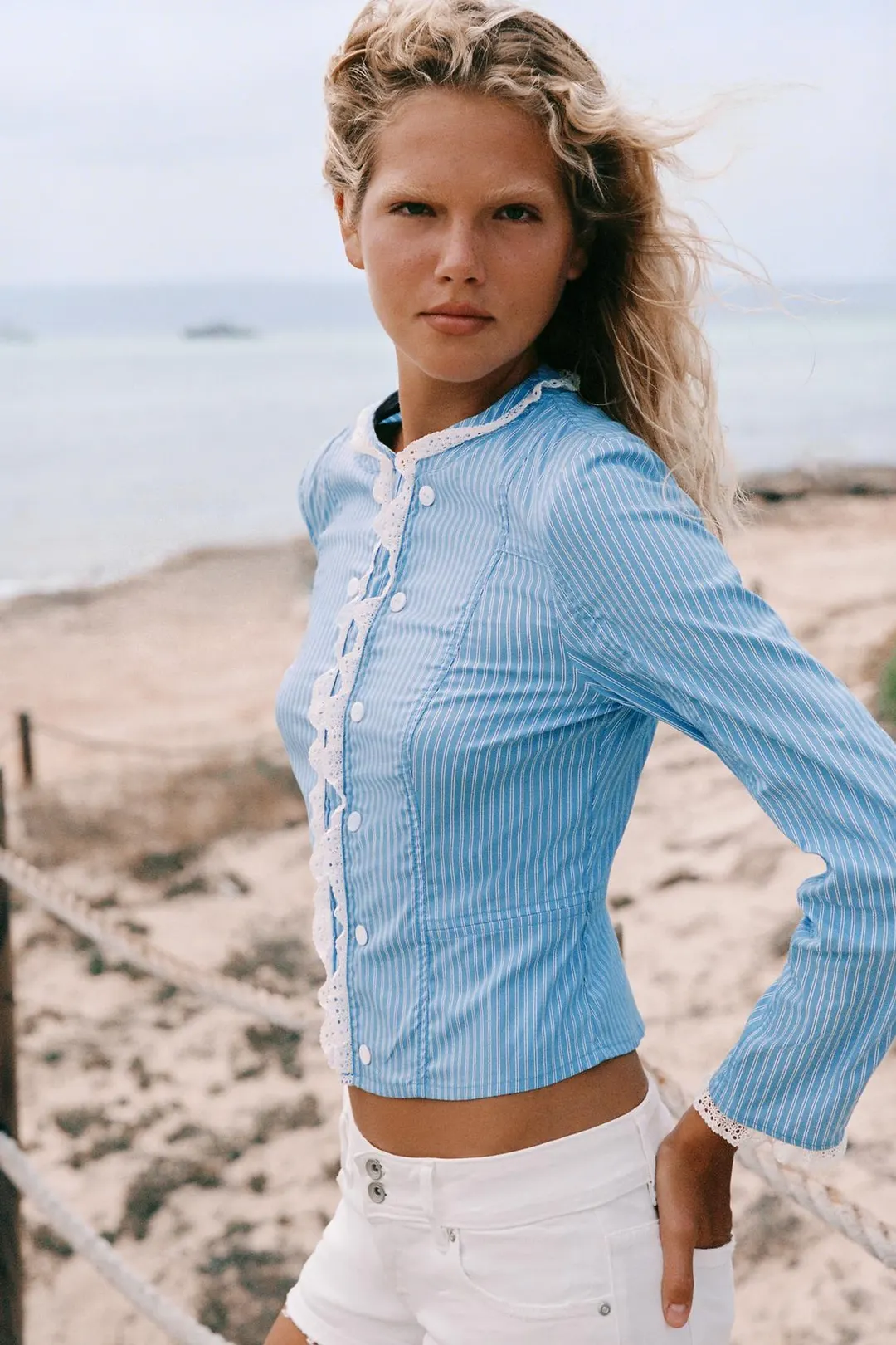 Куртка в полоску из поплина с кружевом, Zara
