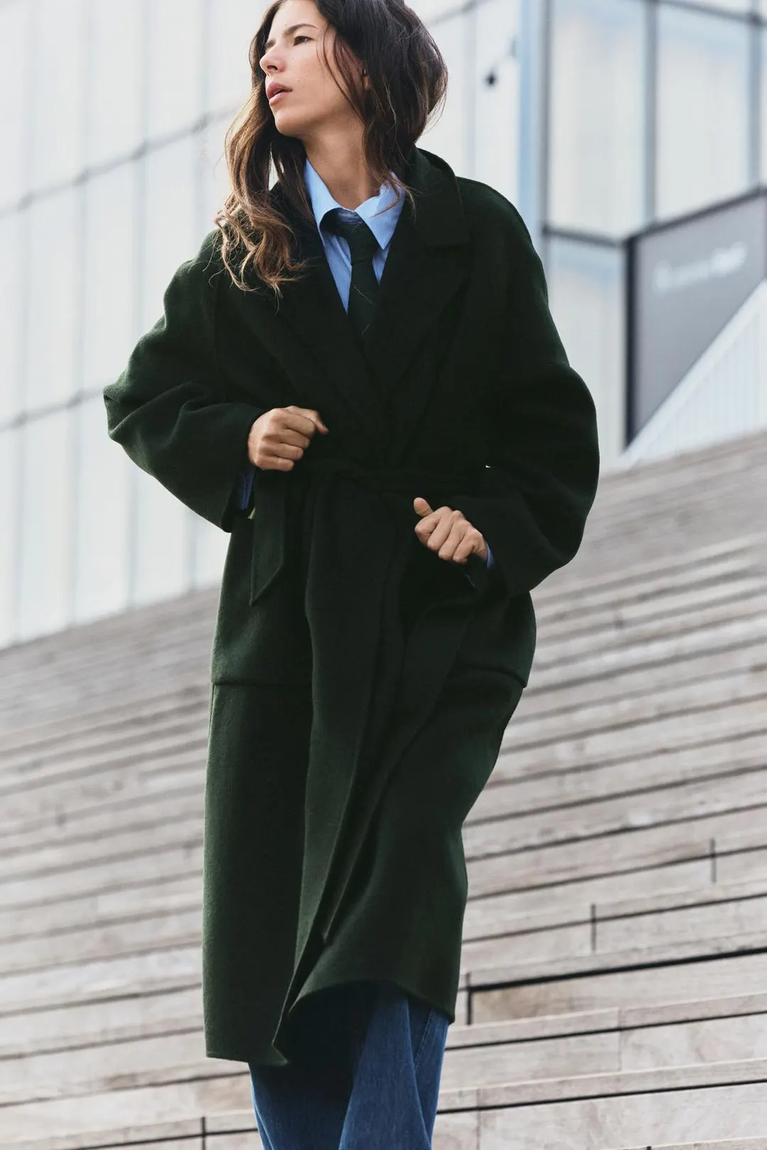 Пальто из смесовой шерсти с поясом, Zara