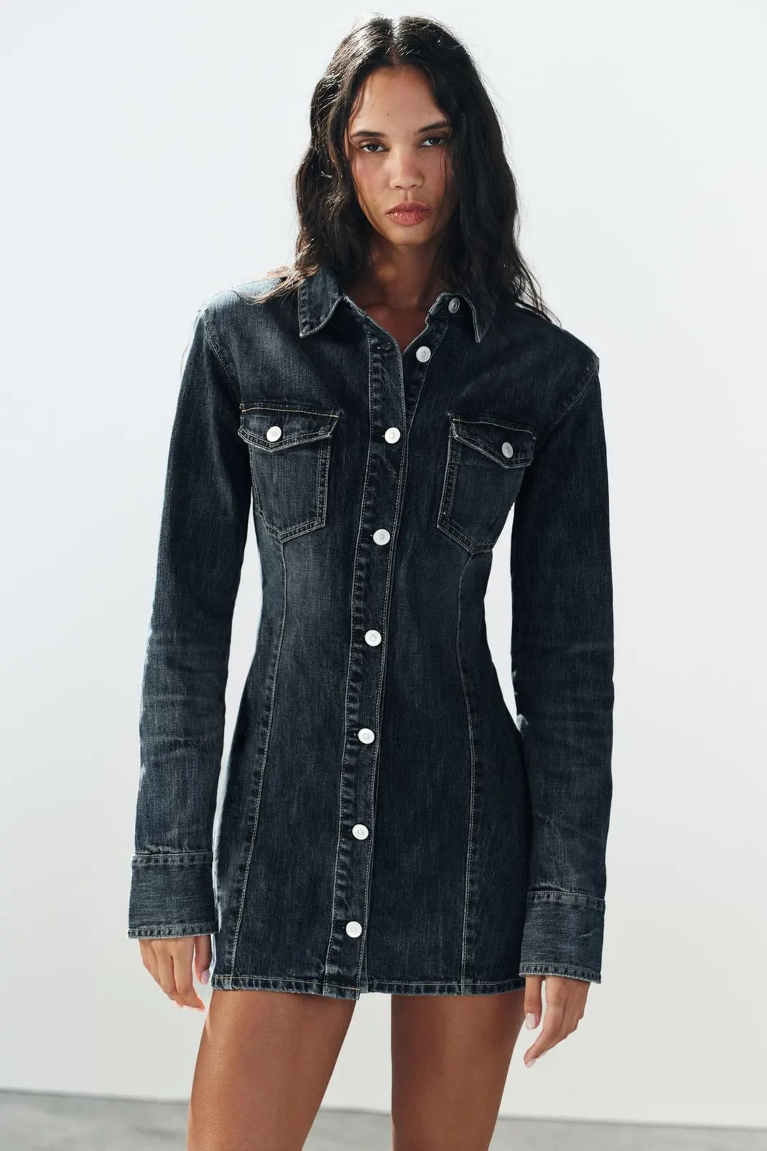 Платье мини джинсовое с подплечниками TRF, Zara