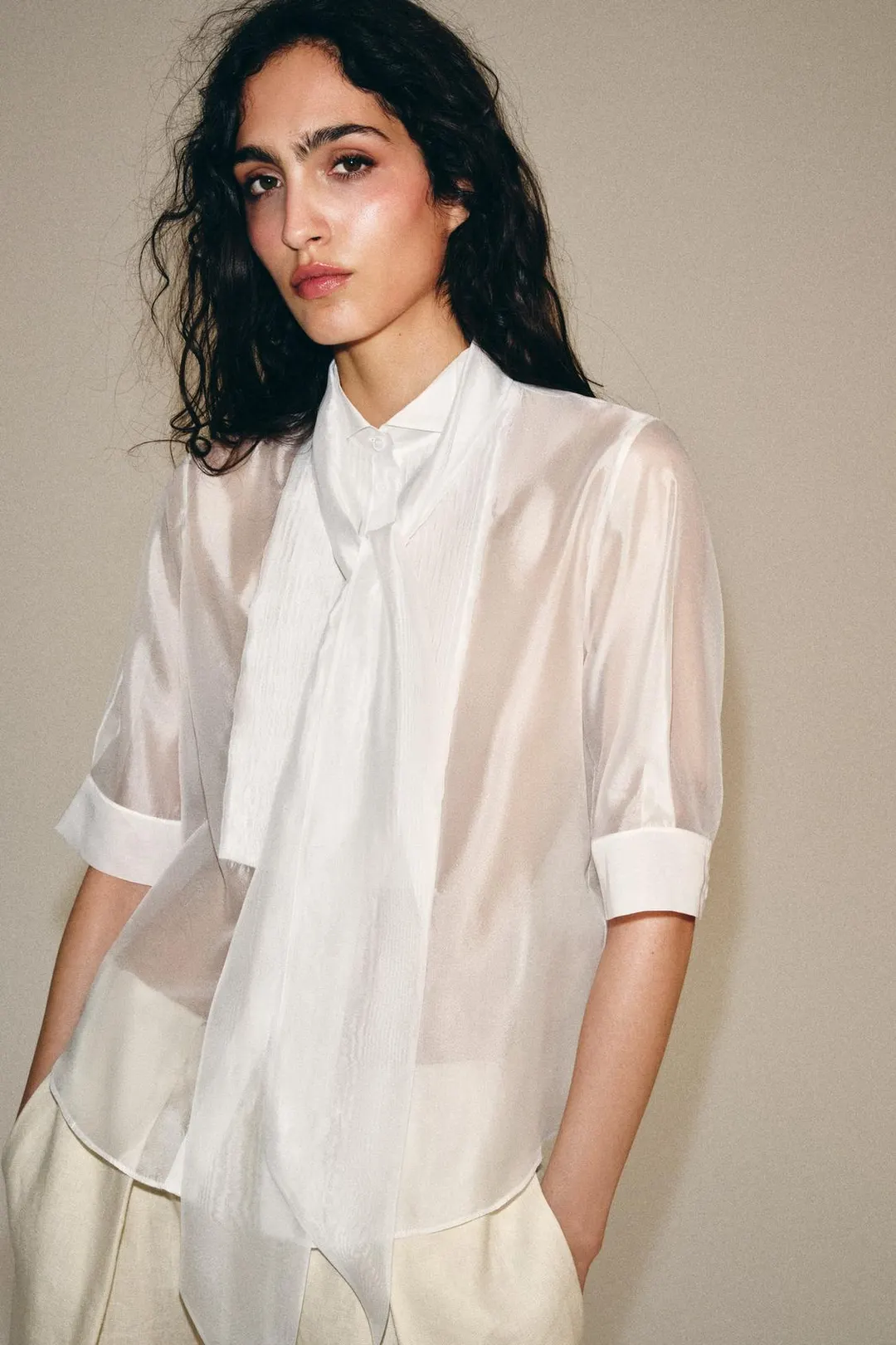 Рубашка с короткими рукавами и завязкой ZW Collection, Zara