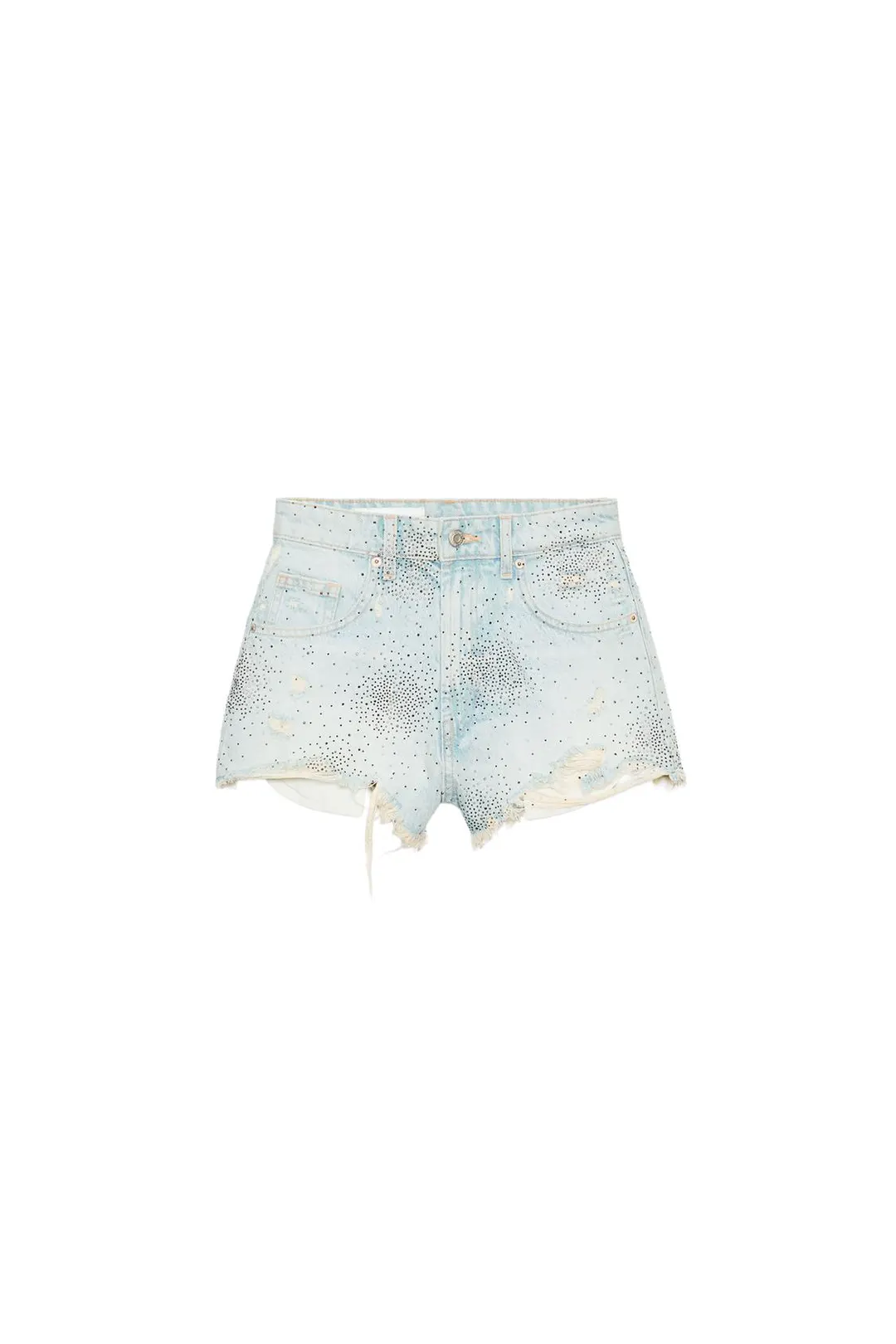 Джинсовые шорты с высокой посадкой, разрывами и стразами, Zara