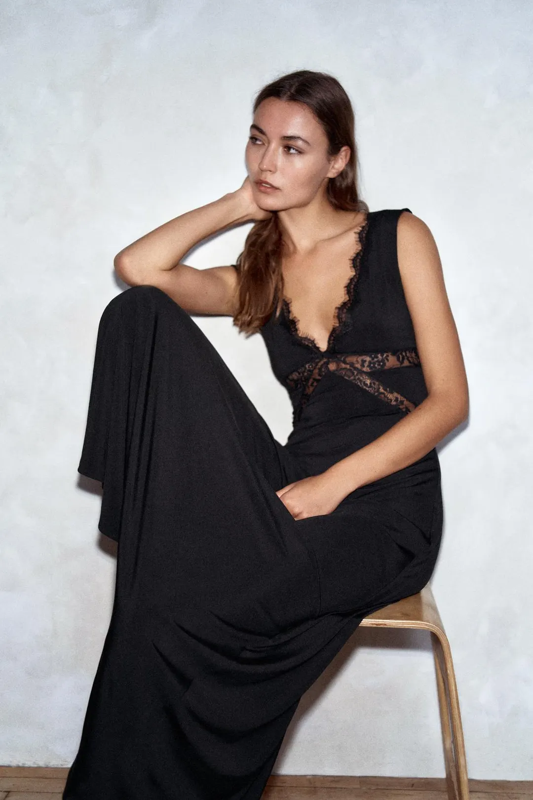 Комбинированное длинное платье на бретелях, Zara